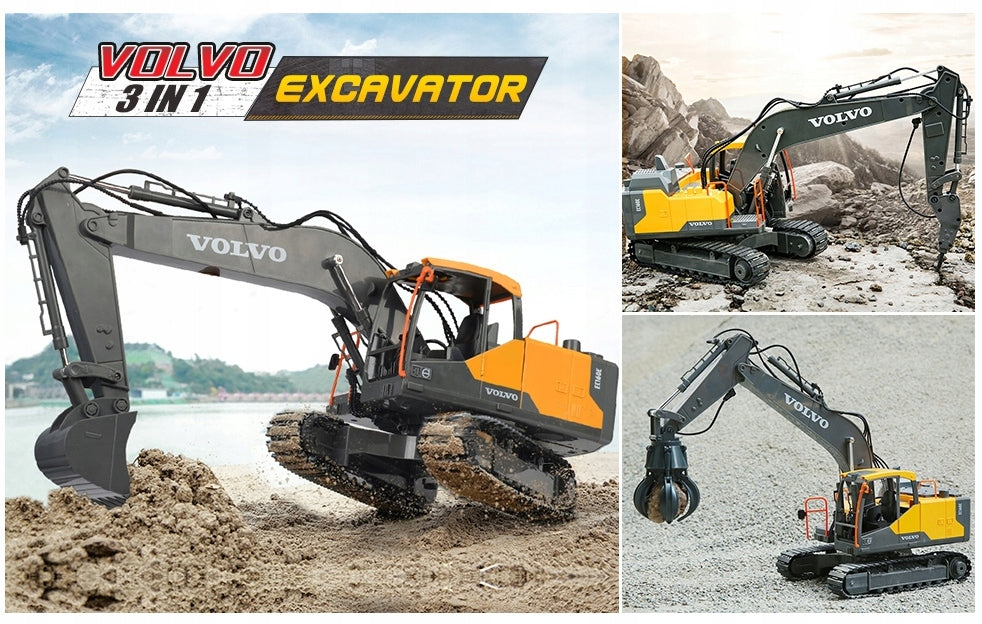 LARGE REMOTE CONTROLLED EXCAVATOR RC VOLVO XL + GRIPPER + HAMMER 3in1 Packaging status original
