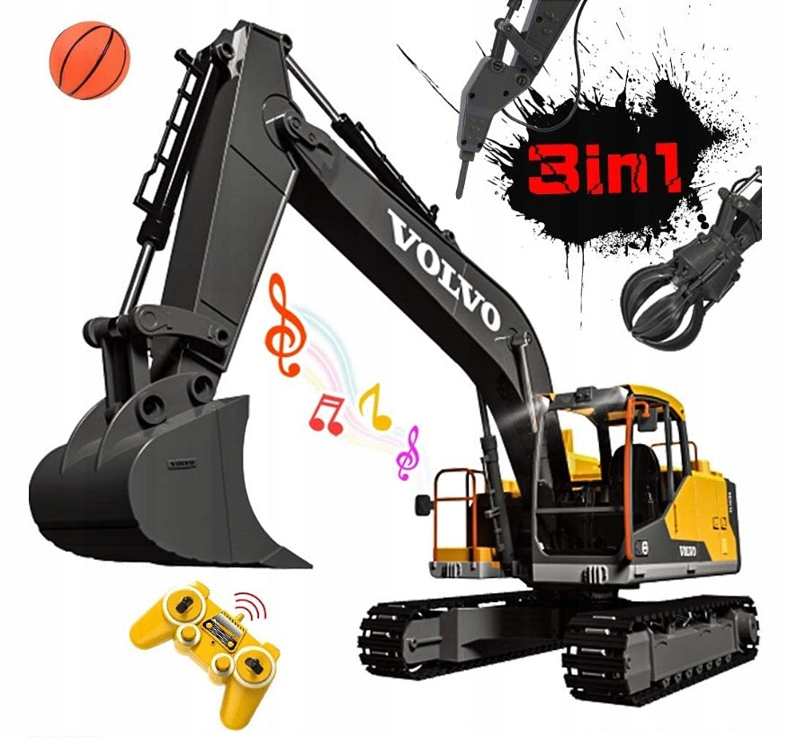 LARGE REMOTE CONTROLLED EXCAVATOR RC VOLVO XL + GRIPPER + HAMMER 3in1