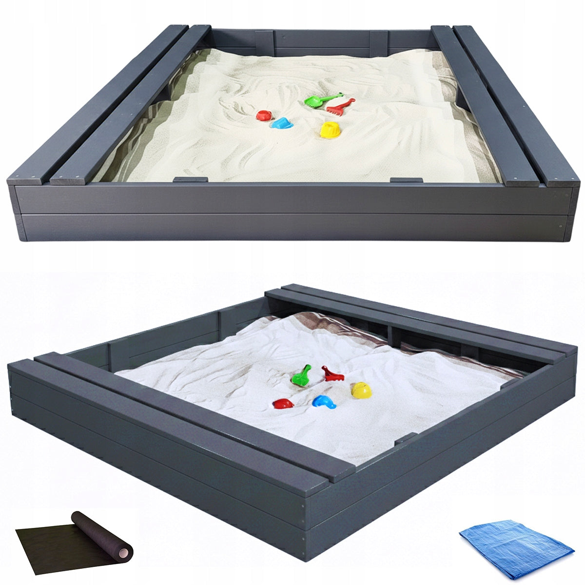 LARGE SANDBOX 150X150 WOODEN WITH BENCHES 2X IMPREGNATED ANTHRACITE