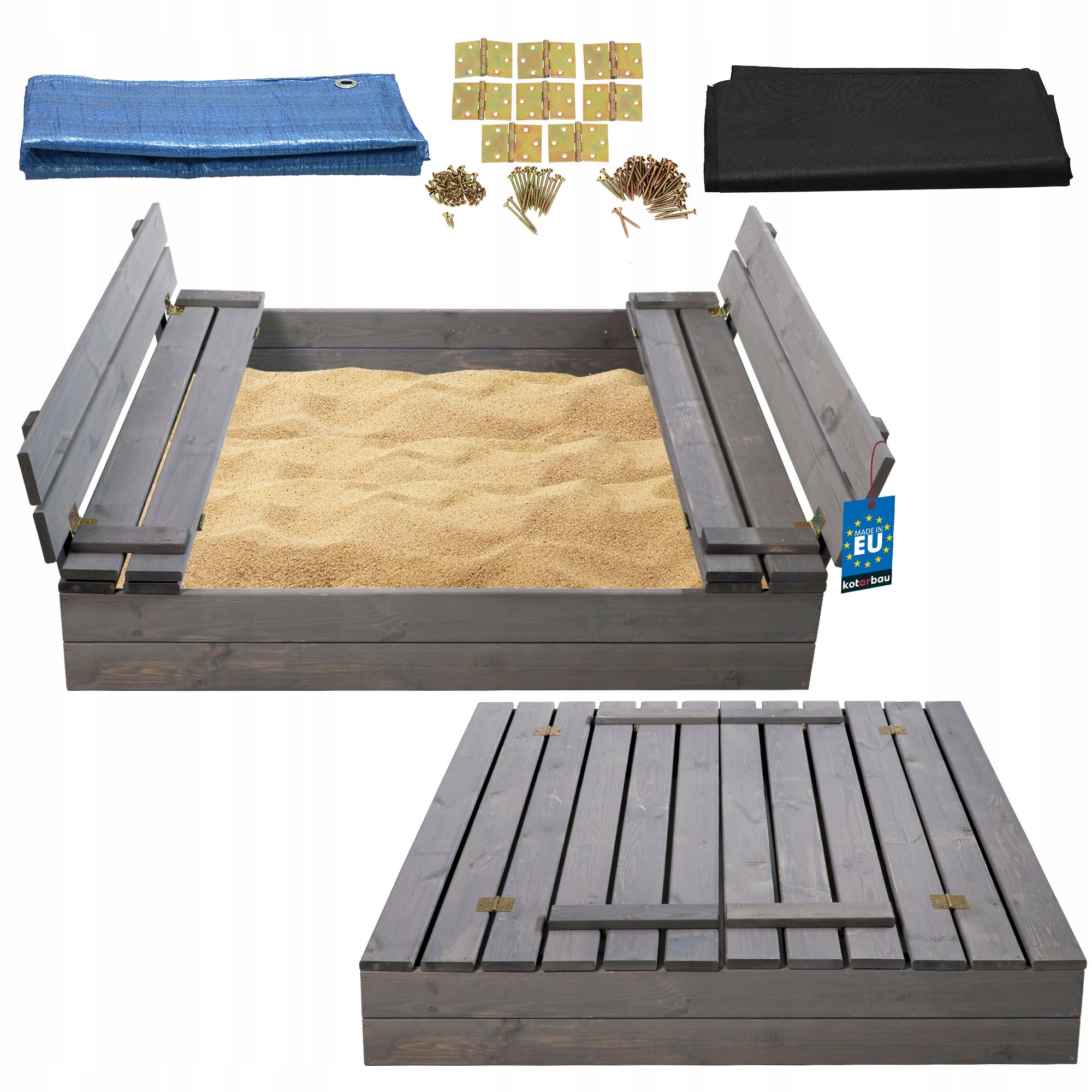 LARGE SANDBOX CLOSED 120 CM FOR CHILDREN WITH BENCHES GREY IMPREGNATED Kind wooden