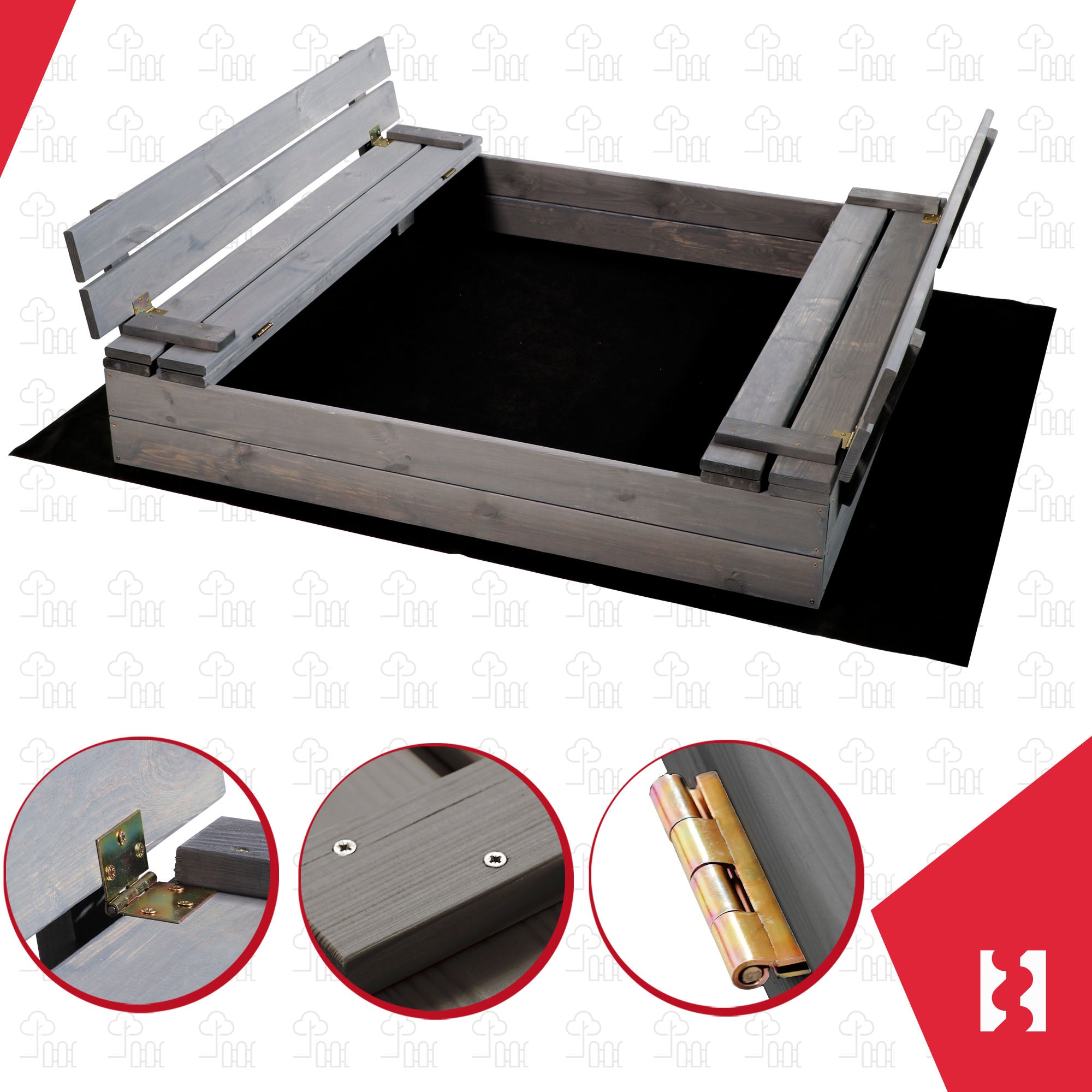 LARGE SANDBOX CLOSED 120 CM FOR CHILDREN WITH BENCHES GREY IMPREGNATED Product width 120 cm