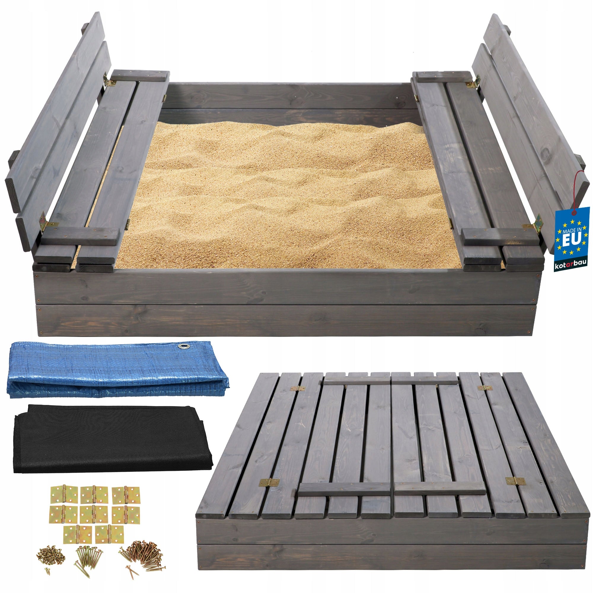 LARGE SANDBOX CLOSED 120 CM FOR CHILDREN WITH BENCHES GREY IMPREGNATED