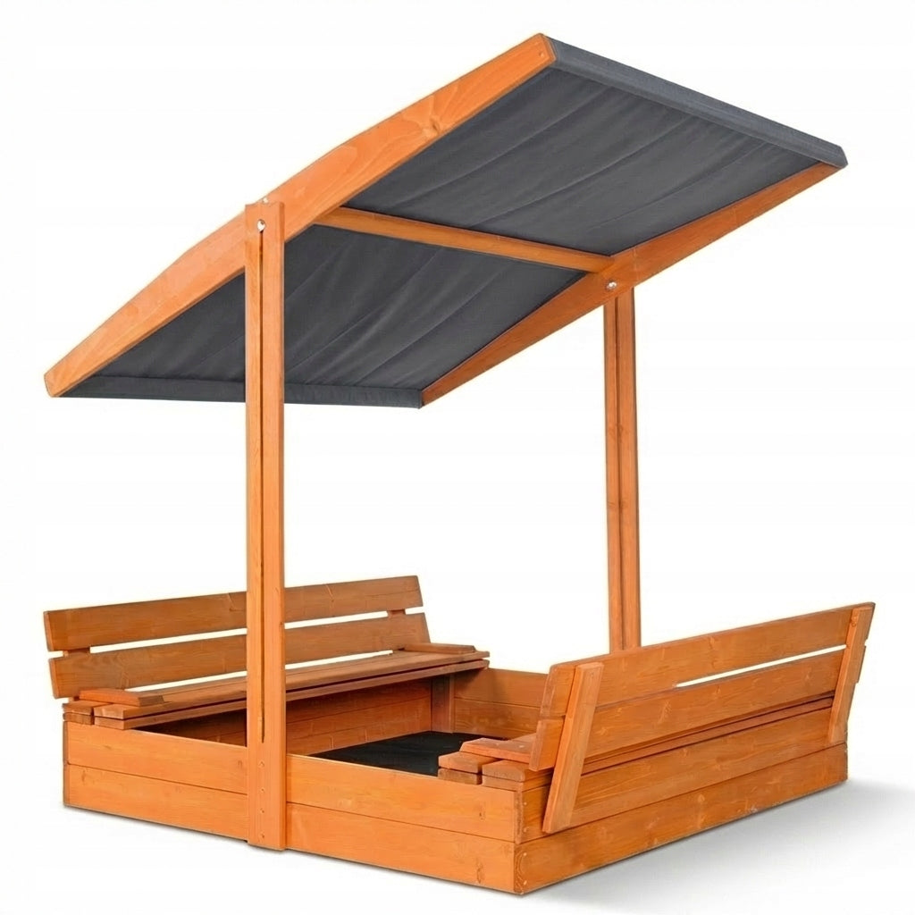 LARGE SANDBOX WITH VISOR IMPREGNATED WOODEN 120 cm 3D VIDEO HOLES Kid's age 6＋ months