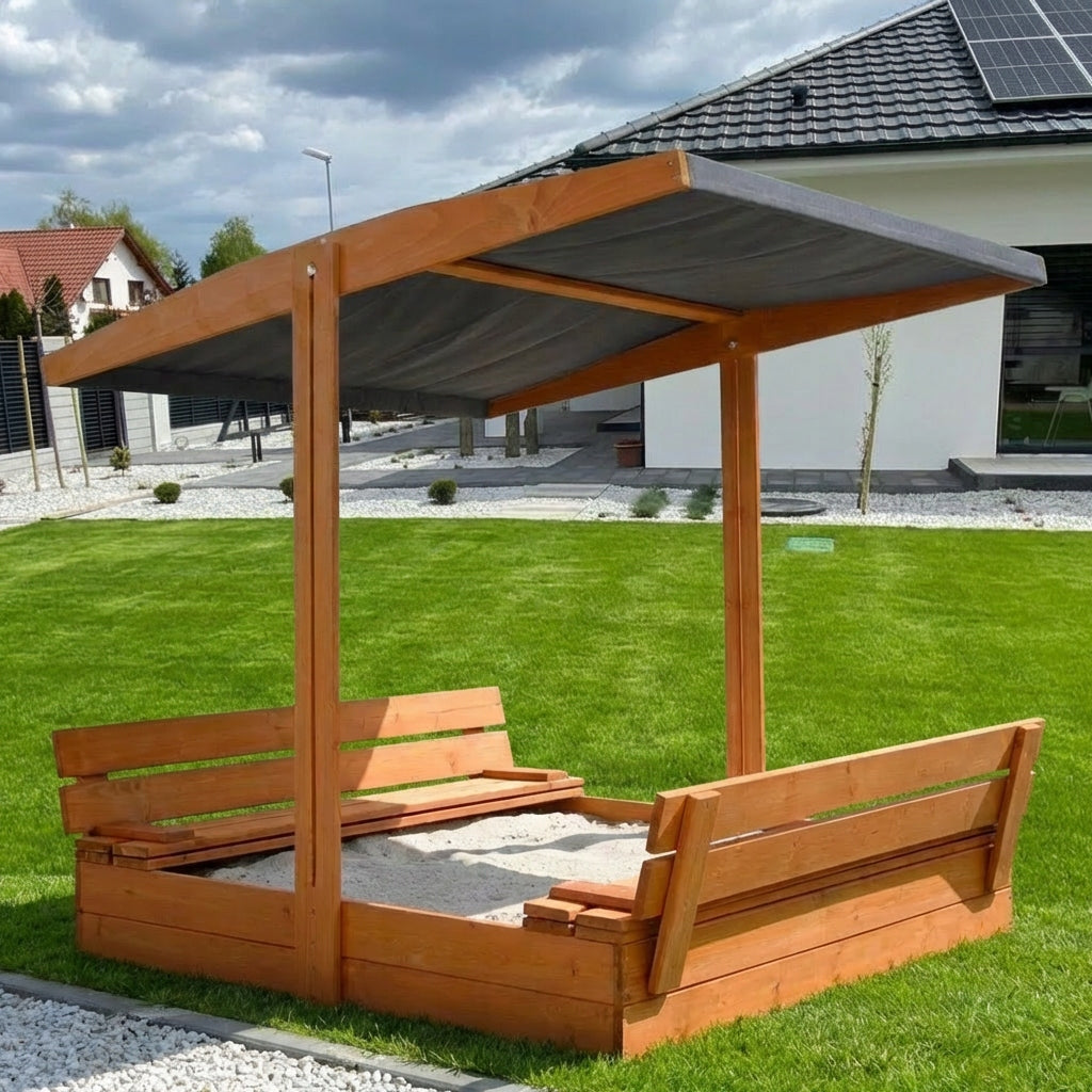 LARGE SANDBOX WITH VISOR IMPREGNATED WOODEN 120 cm 3D VIDEO HOLES Packaging status original