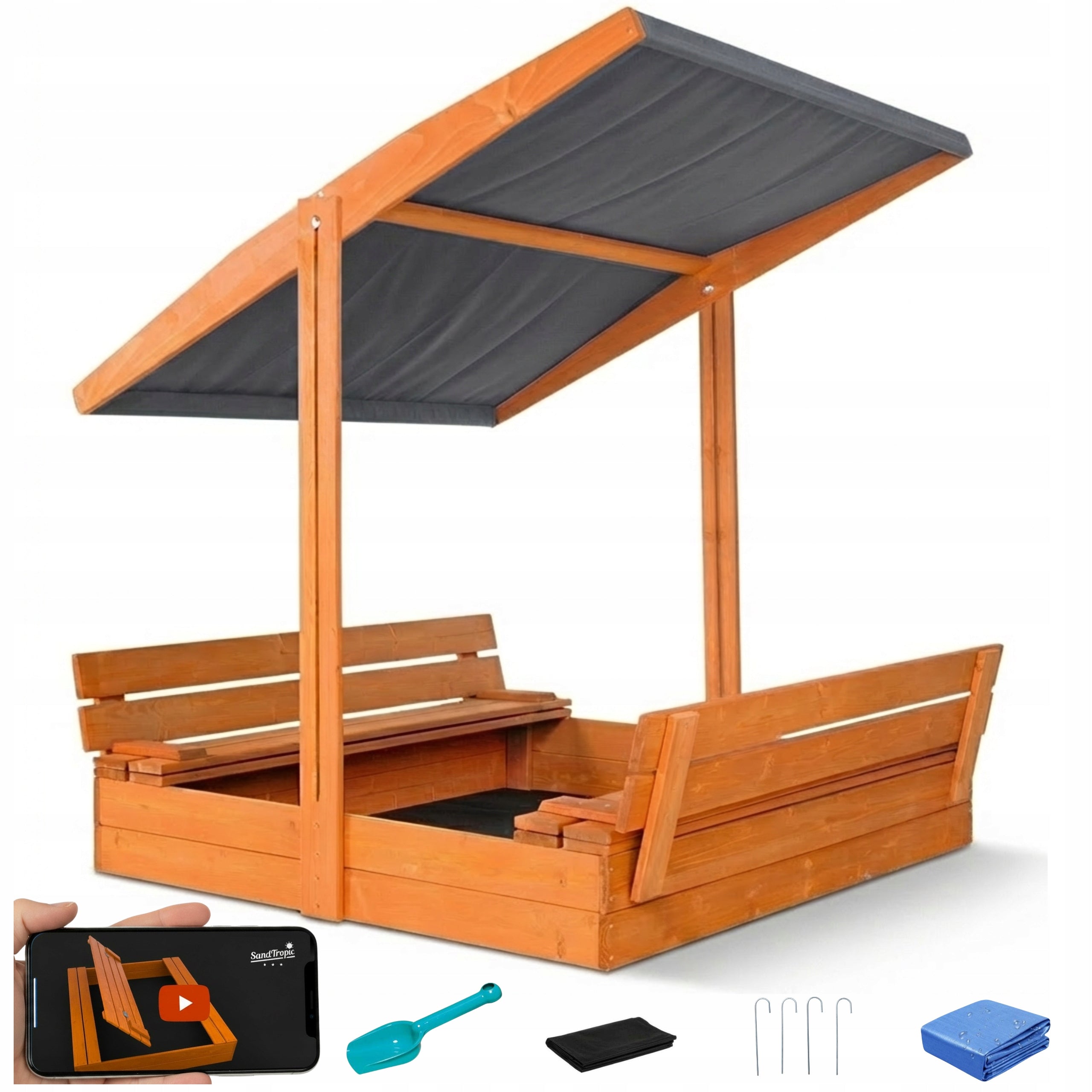 LARGE SANDBOX WITH VISOR IMPREGNATED WOODEN 120 cm 3D VIDEO HOLES