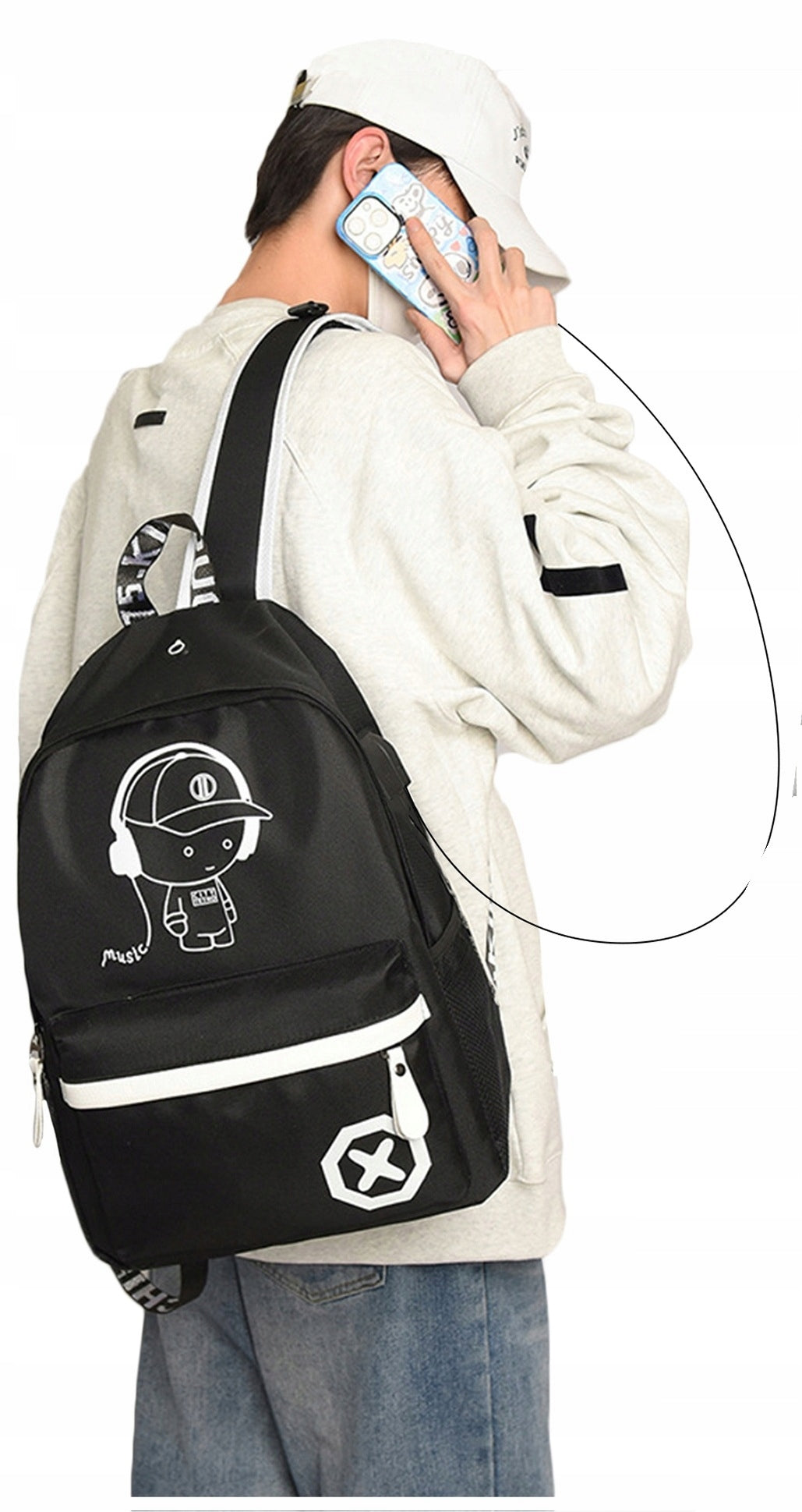 LARGE SCHOOL BACKPACK YOUTH SATCHEL GLOWING REFLECTIVE USB BLACK