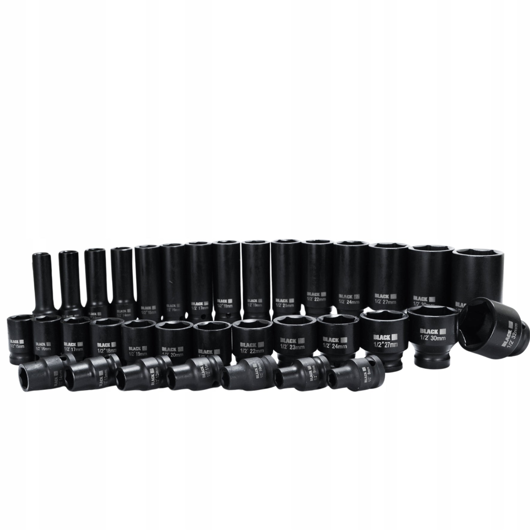 LARGE SET OF IMPACT SOCKETS IN HEXAGON CASE 8-32MM 1/2" 35EL BLACK CRMO Type 6-point