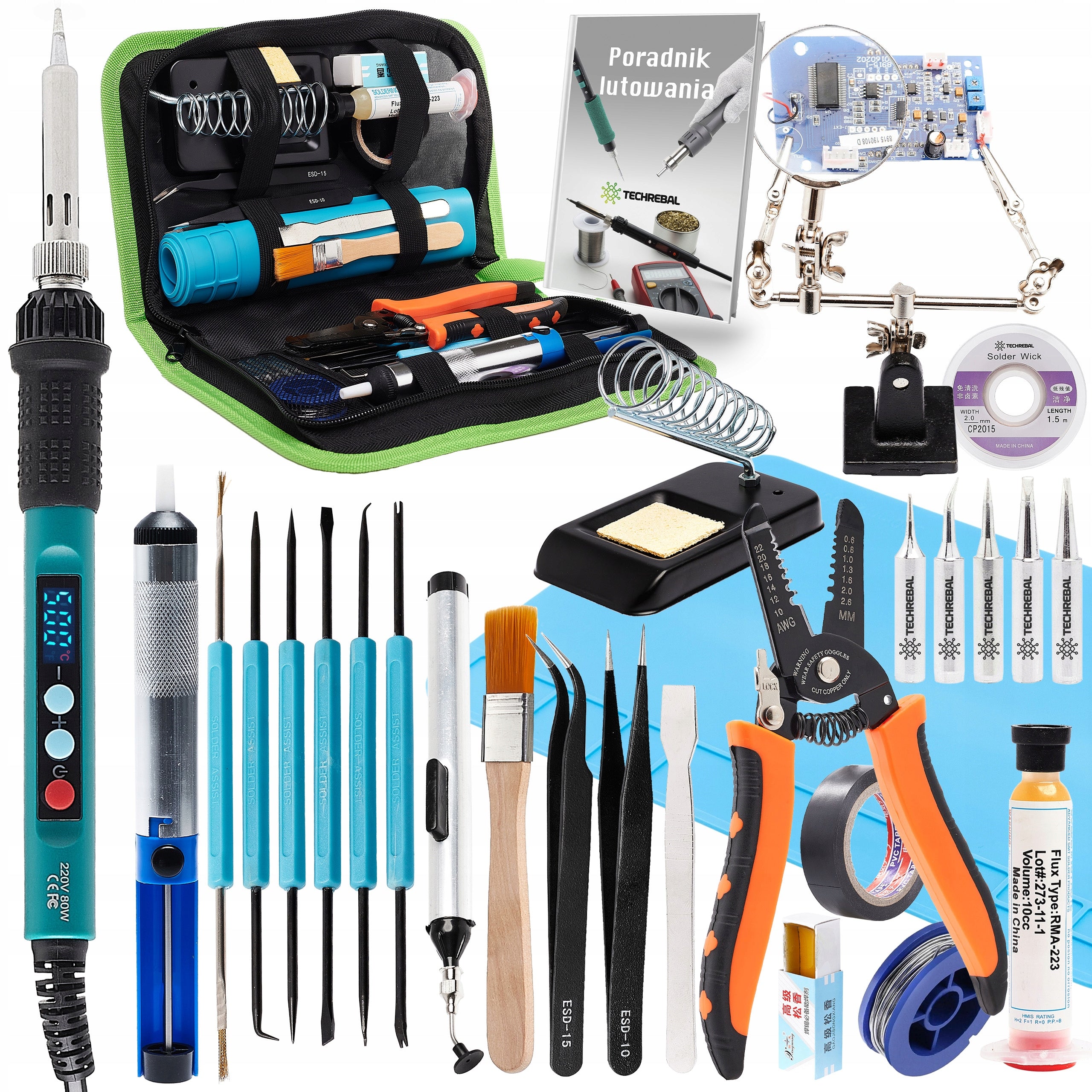 LARGE SOLDERING KIT 28in1 Soldering Iron 80W MAT THIRD HAND TIN TWEEZERS