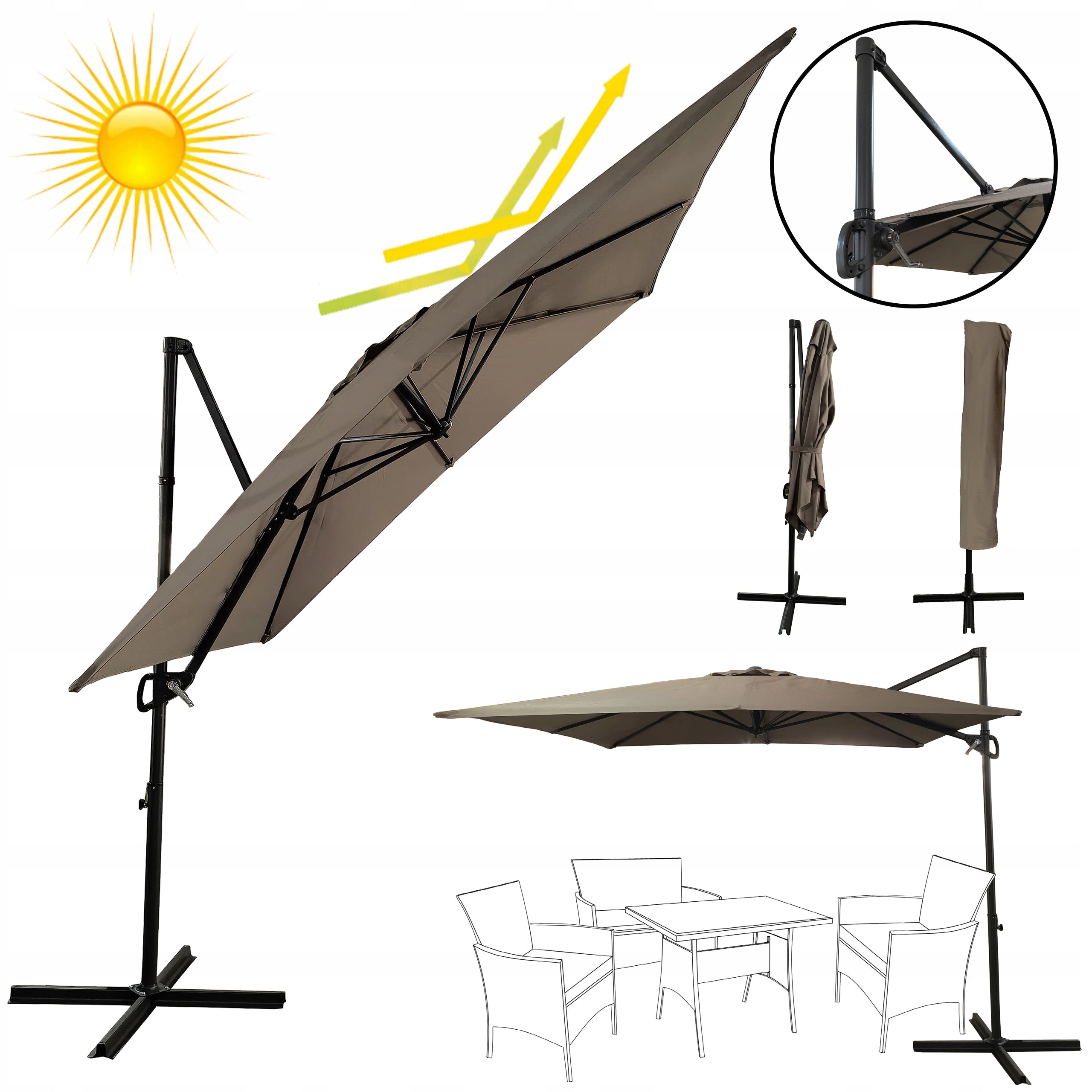 LARGE SOLID FOLDING ADJUSTABLE GARDEN UMBRELLA 2,5x2,5M SEATTLE BEIGE Packaging status original