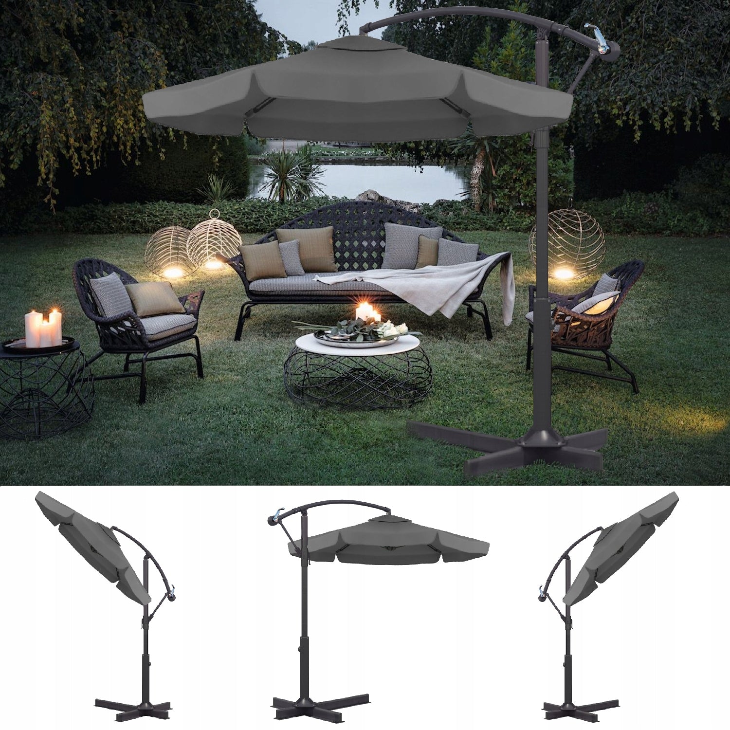 LARGE SOLID FOLDING GARDEN UMBRELLA WITH BOOM COVER – GREY Manufacturer Masuletto