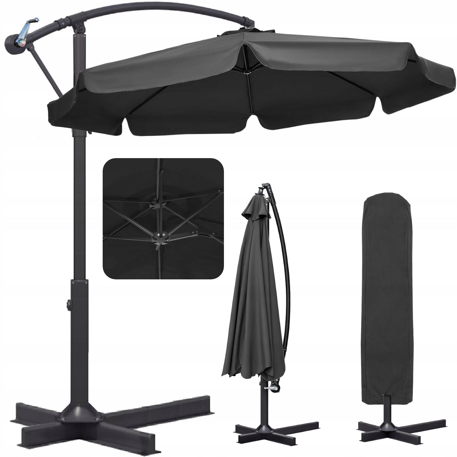 LARGE SOLID FOLDING GARDEN UMBRELLA WITH BOOM COVER – GREY Manufacturer code Onyx Grey - ciemno szary z grubym materiałem