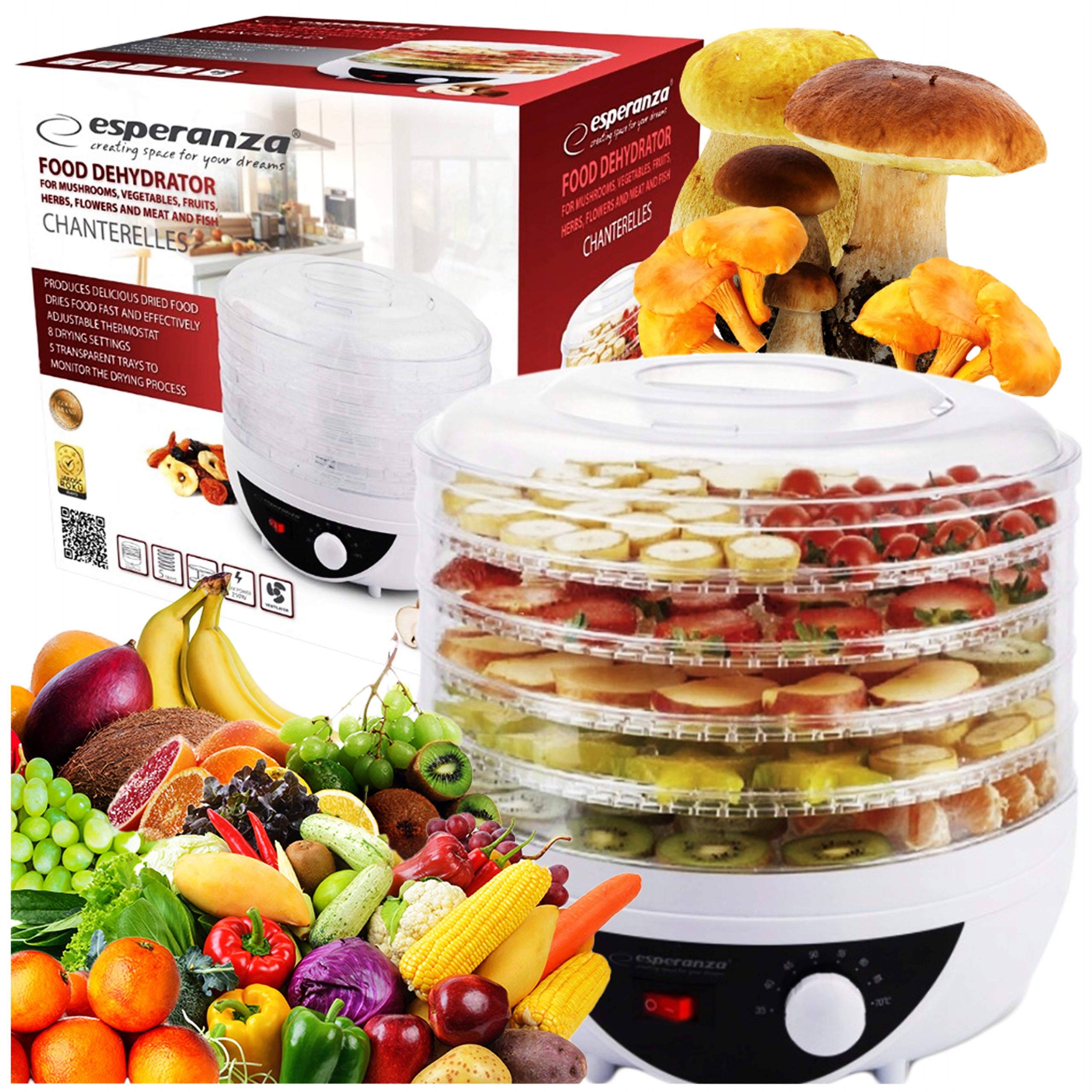 LARGE STRONG VEGETABLE FRUIT MUSHROOM DRYER HERBS 250W 5-SIT 8-PROGRAMS
