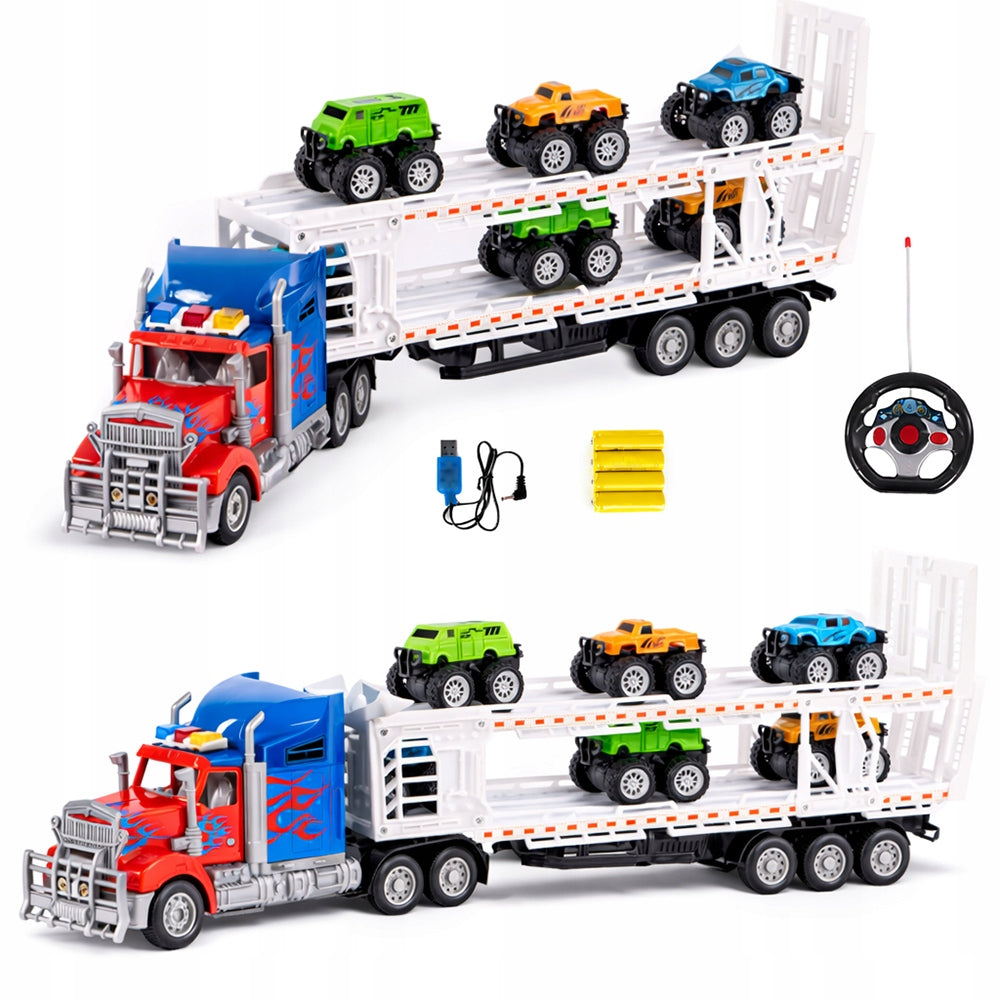 LARGE TRUCK TOW TRUCK REMOTE CONTROLLED 6 CARS BATTERIES SEMI-TRAILER LED