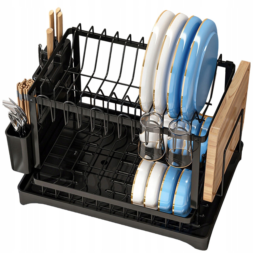 LARGE TWO-LEVEL DISH DRYER BLACK METAL CUTLERY DRAINER