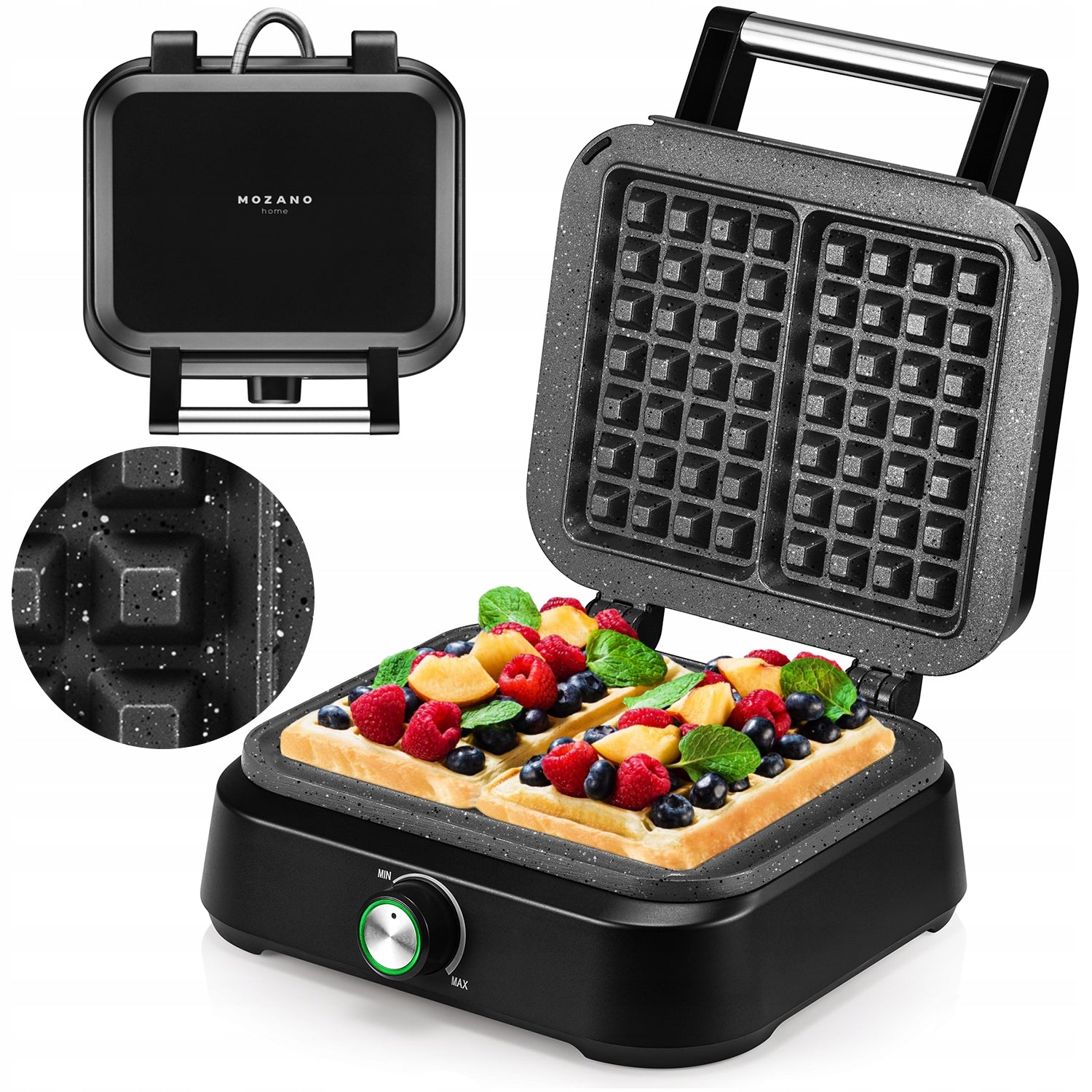 LARGE WAFFLE IRON MOZANO SMART POWERFUL POWER 2200W BLACK 2 LARGE TASTY WAFFLES