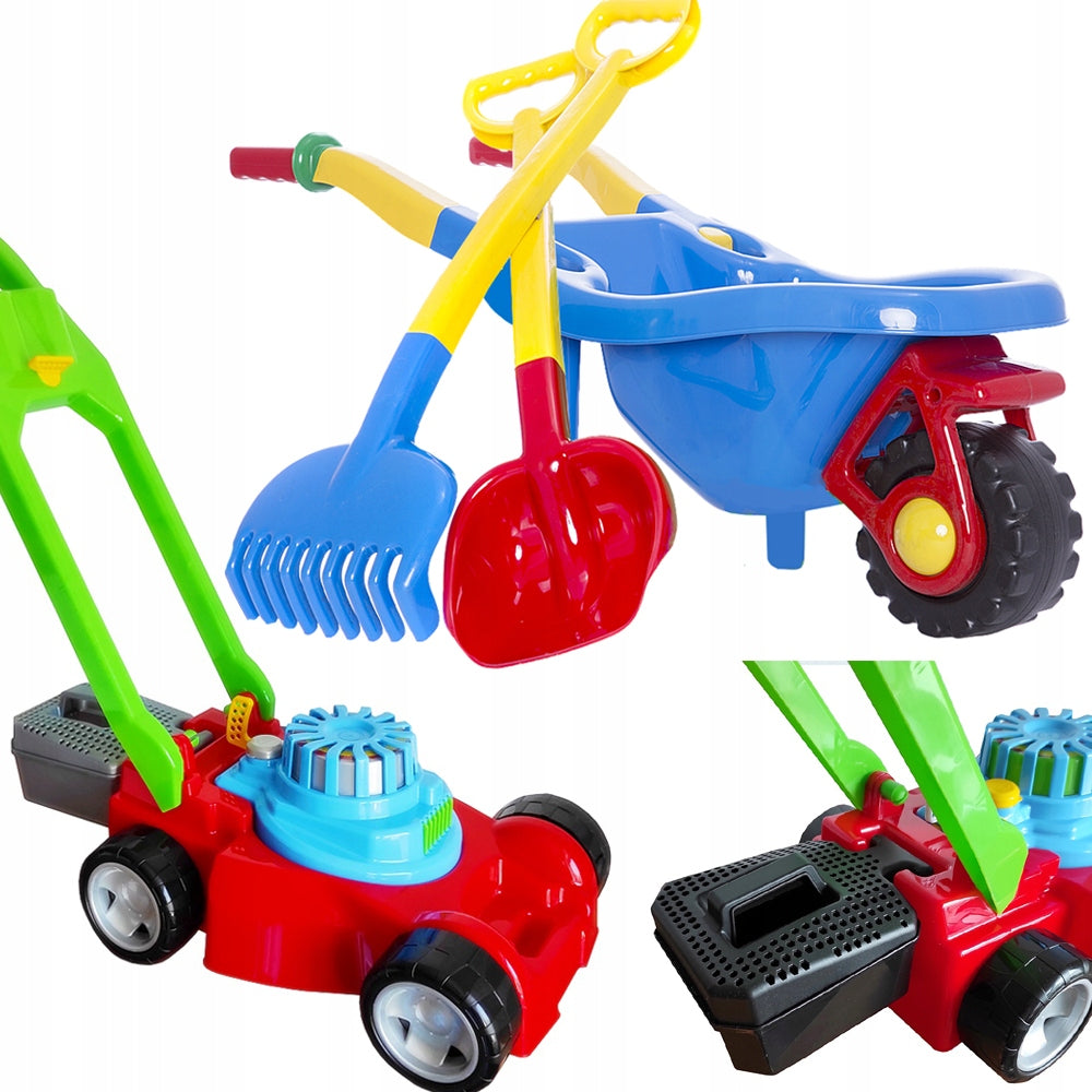 LARGE WHEELBARROW + MOWER + SHOVEL + RAKE SET