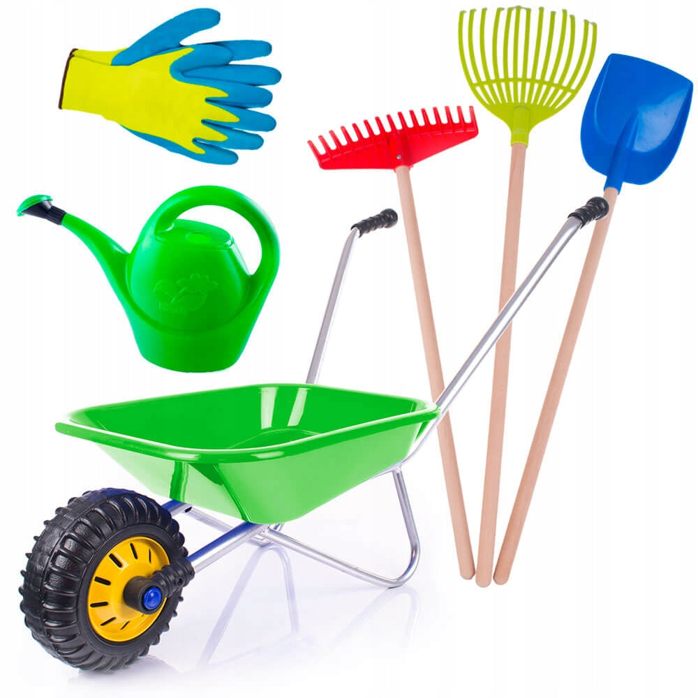 LARGE WHEELBARROW SPATULA RAKE GLOVES WATERING CAN SET