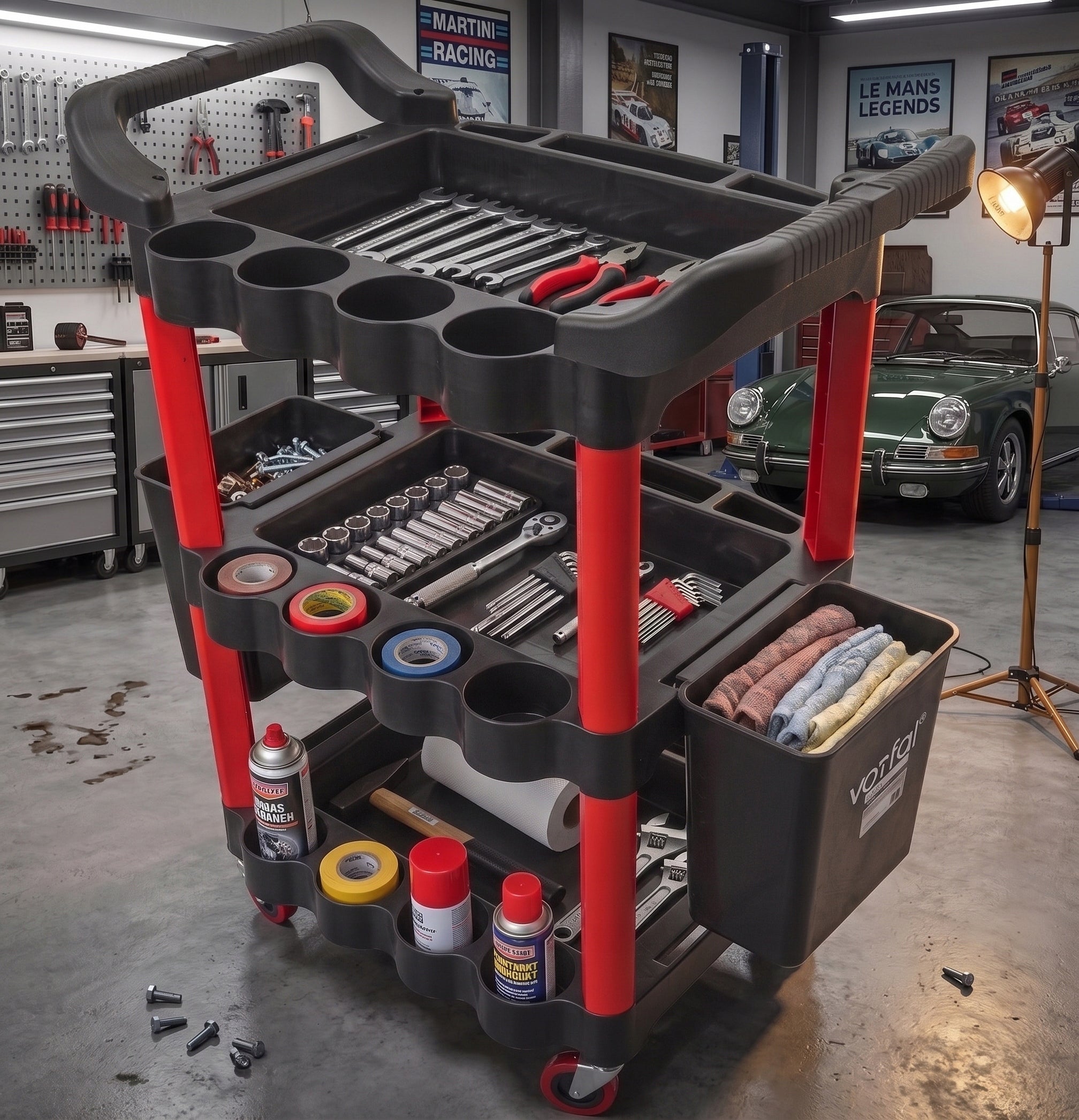 LARGE WORKSHOP TOOL TROLLEY SERVICE CABINET 3 SHELVES SWIVEL WHEELS Accessories included no