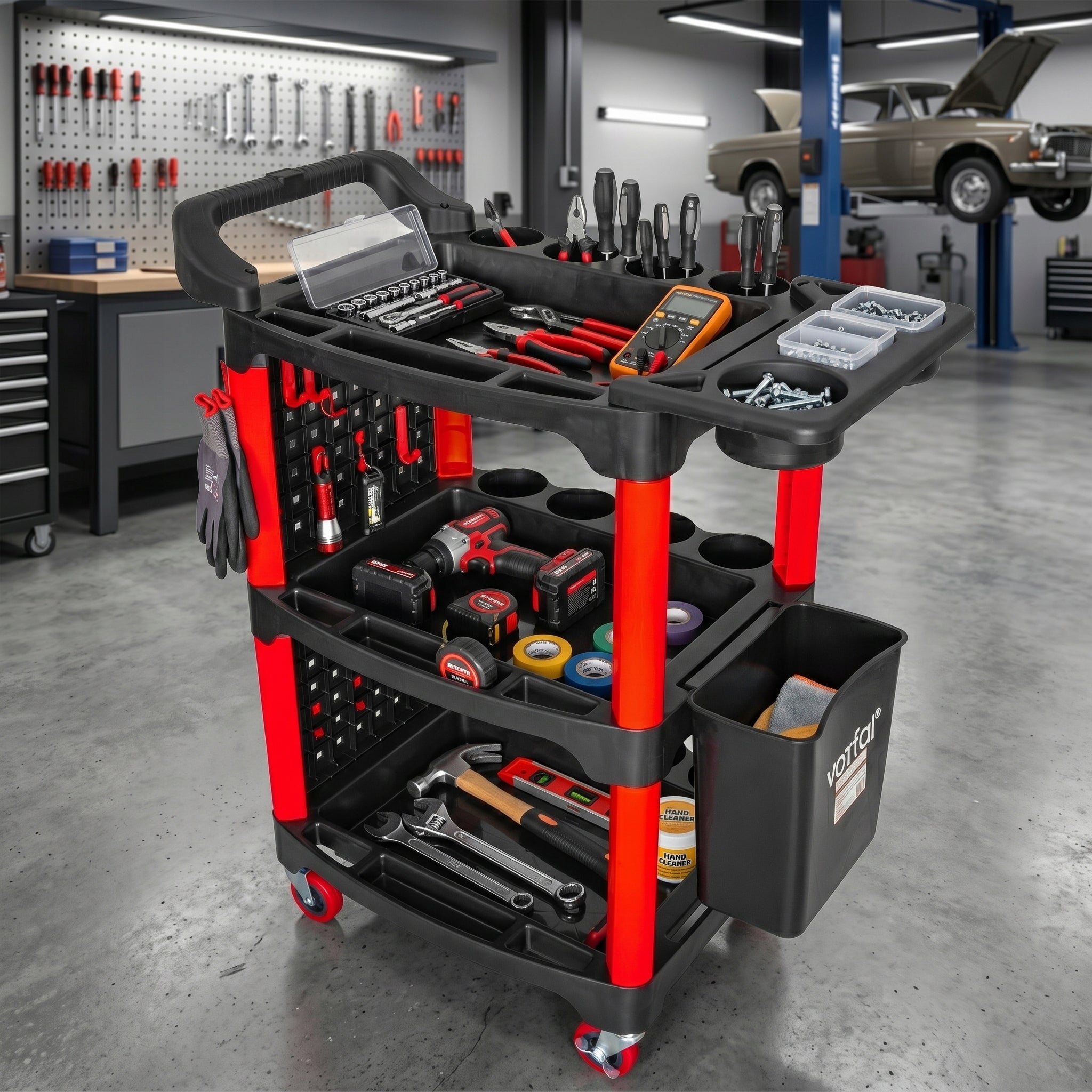 LARGE WORKSHOP TOOL TROLLEY SERVICE CABINET 3 SHELVES WHEEL HOOKS 180KG Product depth 45 cm
