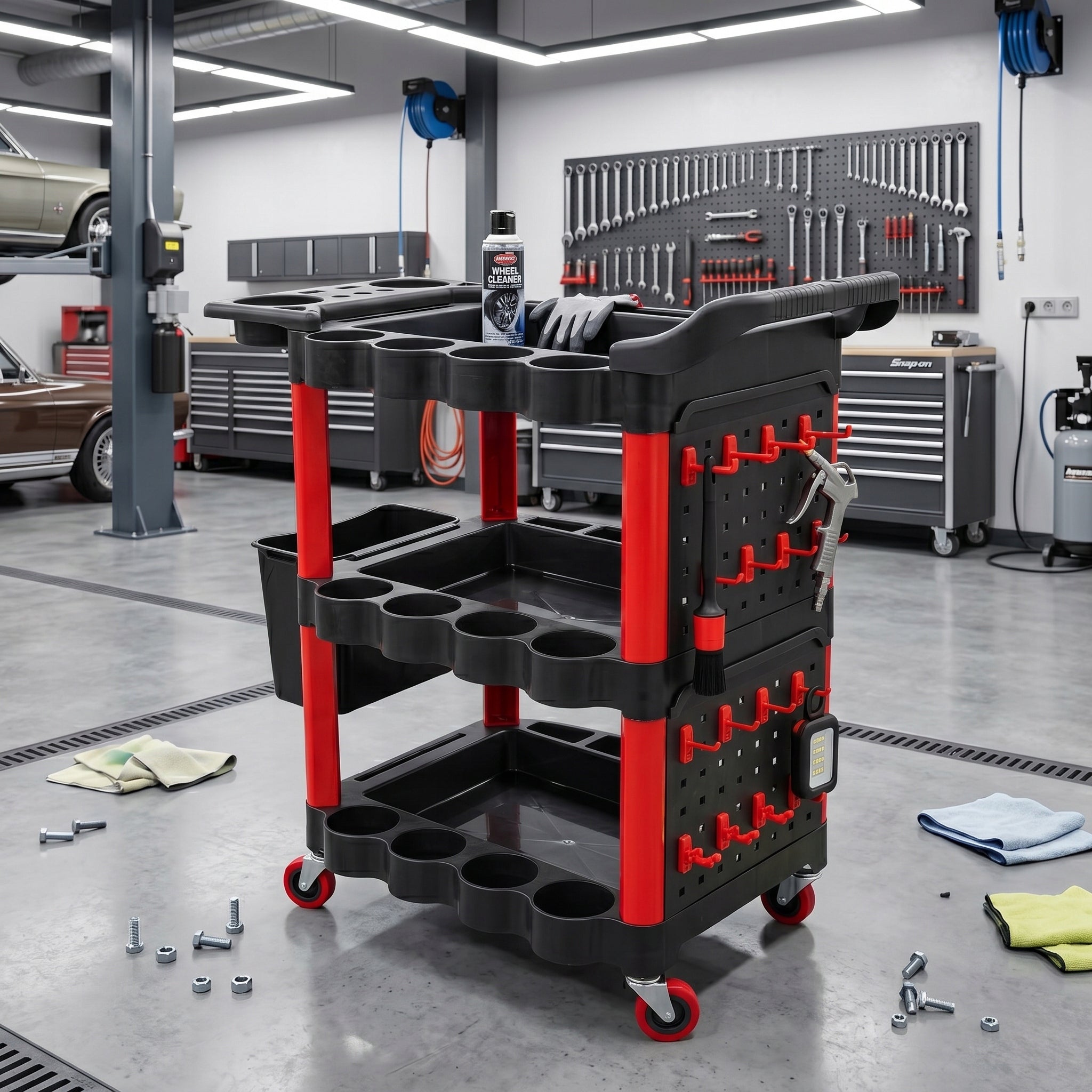 LARGE WORKSHOP TOOL TROLLEY SERVICE CABINET 3 SHELVES WHEEL HOOKS 180KG Product width 80 cm