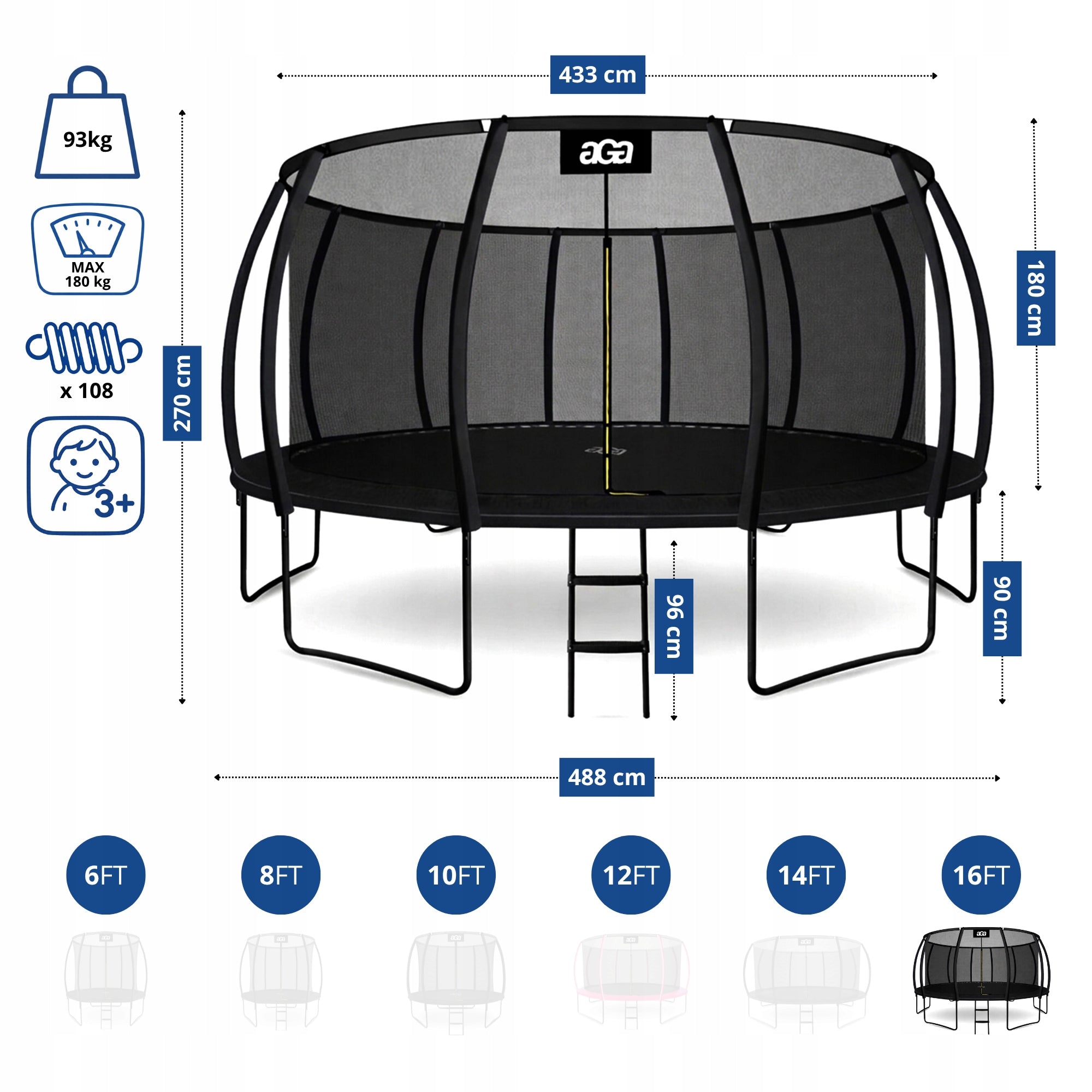 LARGEST Trampoline on the Market aGa SPORT EXCLUSIVE 500 cm 16 ft. Black Kid's age 8＋ years