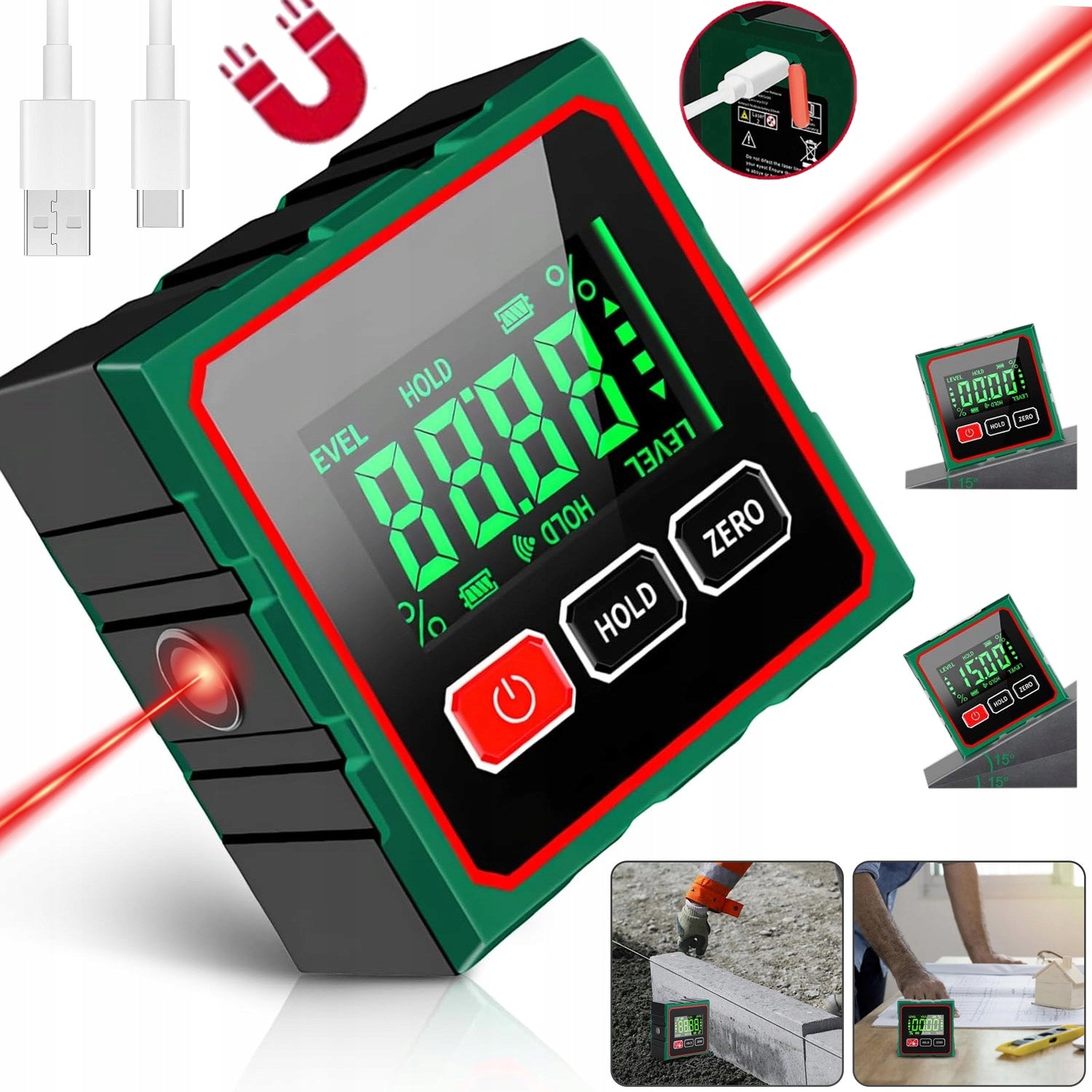 LASER PROTRACTOR DIGITAL ELECTRONIC USB INCLINOMETER - LCD MAGNETIC