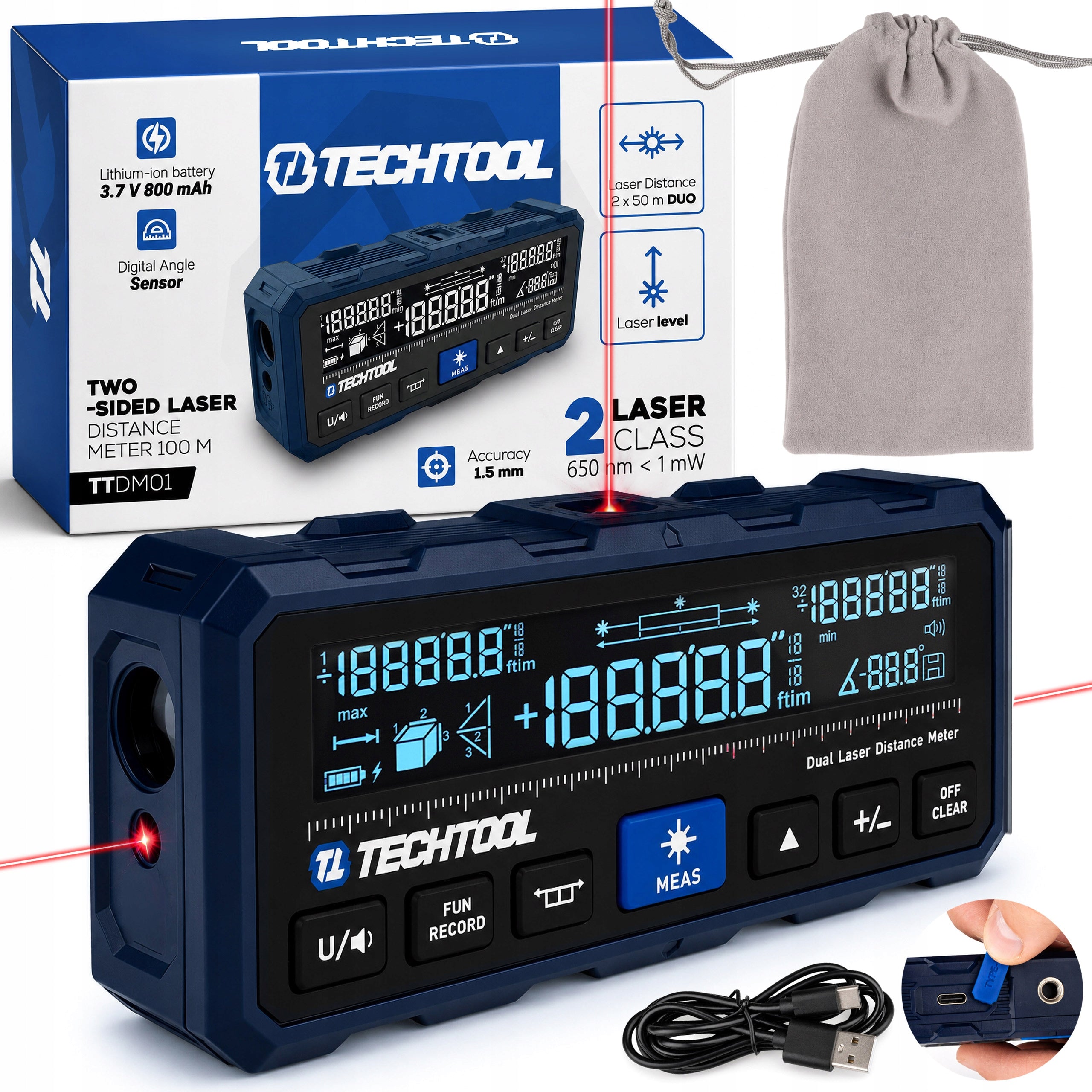 LASER RANGEFINDER >100M< DIGITAL PROTRACTOR >TWO-SIDED< LASER LEVEL