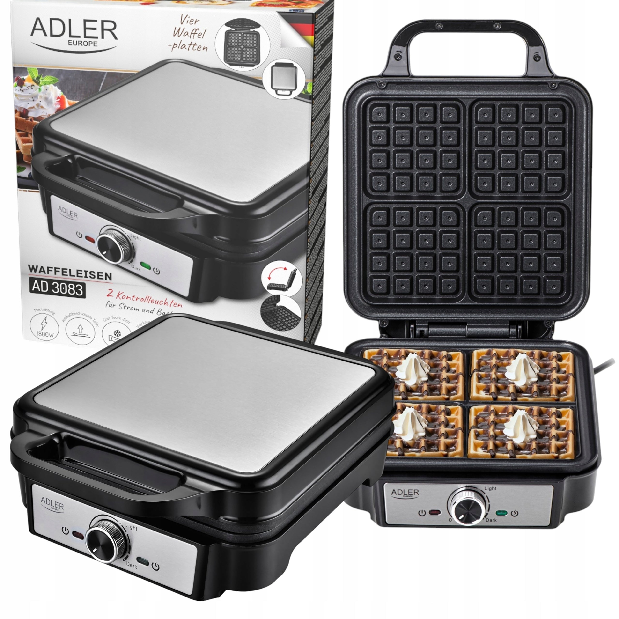 LATEST MODEL WAFFLE IRON ADLER AD3083 1800 W FOR 4 CRISPY WAFFLES
