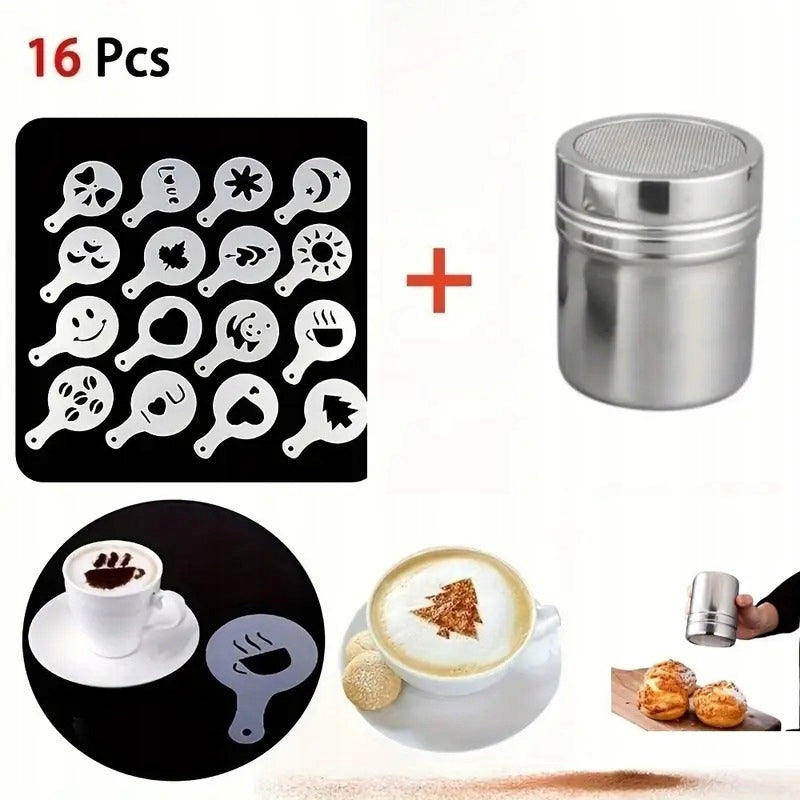LATTE ART BARISTA SET – TEMPLATES 16 PIECES + SPRINKLE CONTAINER