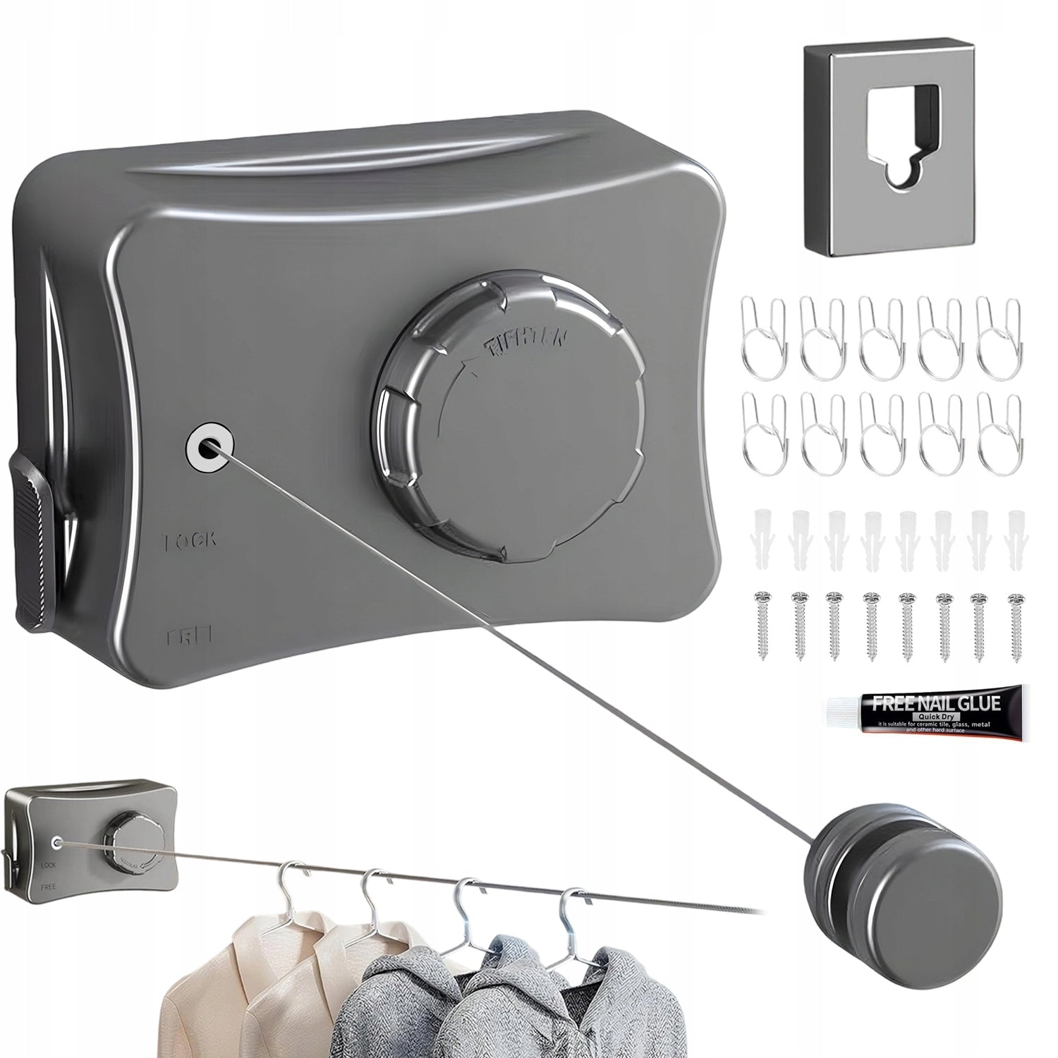 LAUNDRY LINE 5.1M 304 STAINLESS STEEL WITH ACCESSORIES AND 10 CLIPS