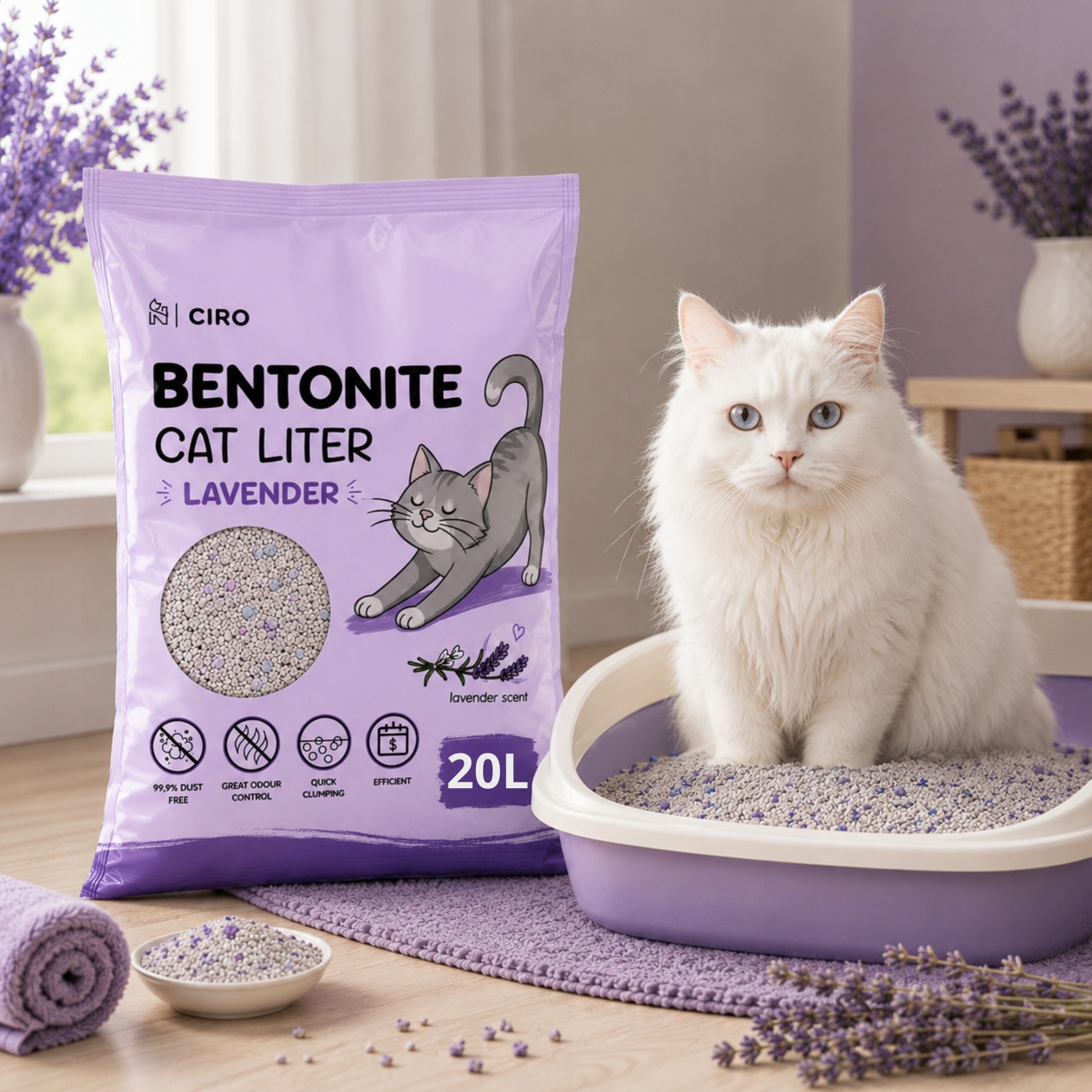 LAVENDER BENTONITE LITTER FOR CAT 20L CLUMPING NATURAL DUST-FREE Brand Ciro