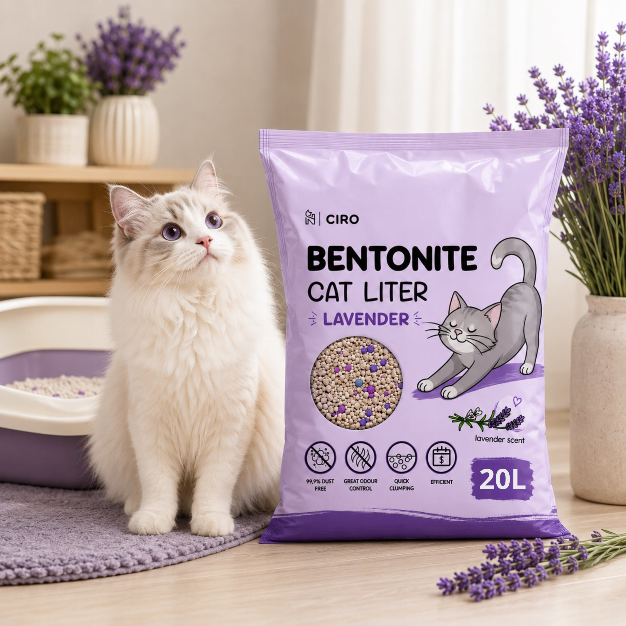 LAVENDER BENTONITE LITTER FOR CAT 20L CLUMPING NATURAL DUST-FREE Kind bentonite