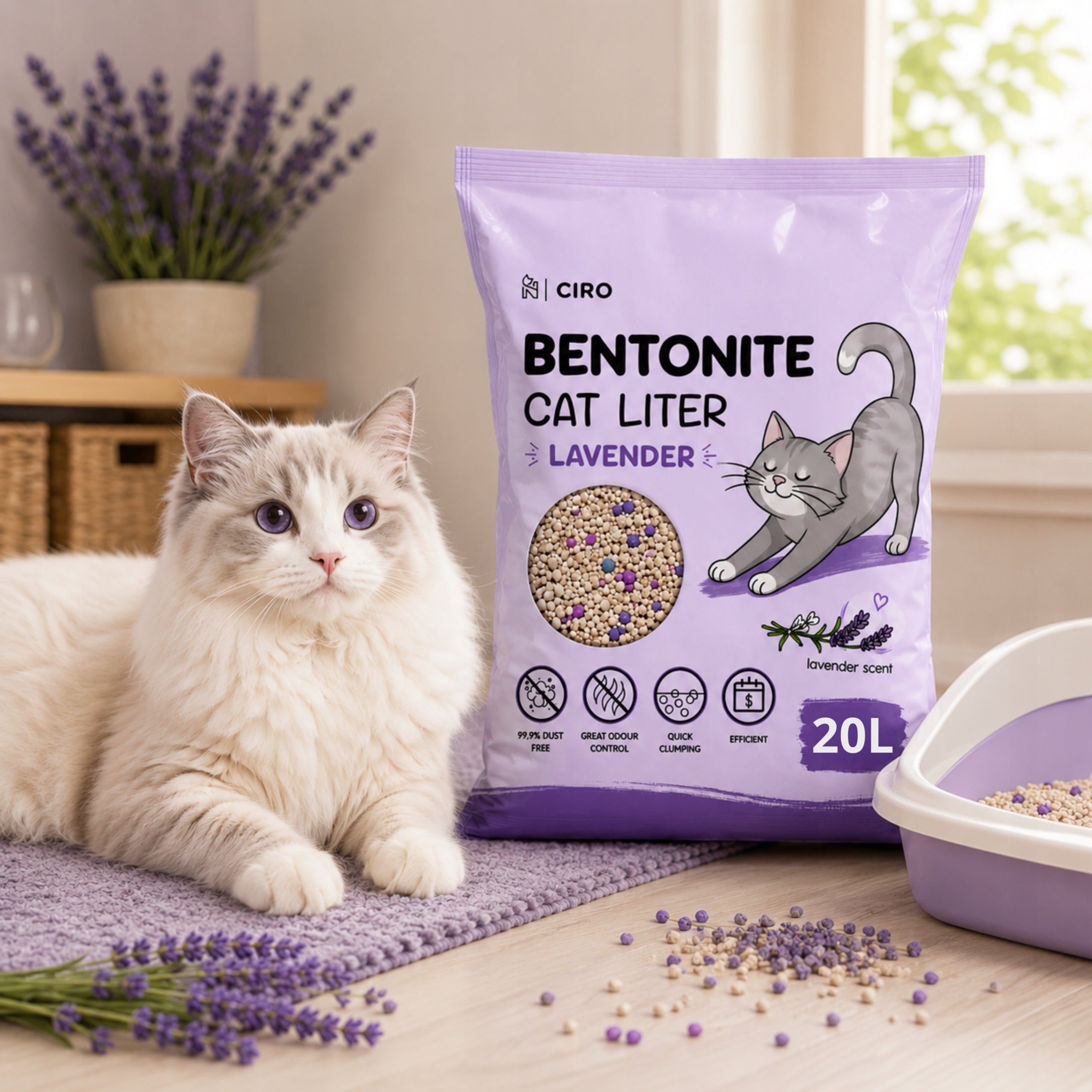 LAVENDER BENTONITE LITTER FOR CAT 20L CLUMPING NATURAL DUST-FREE Volume 20 l