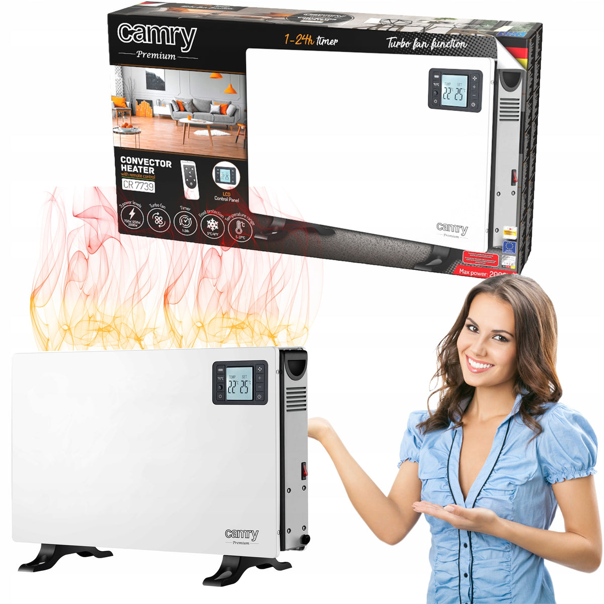 LCD CONVECTOR HEATER WITH REMOTE CONTROL ECONOMICAL 2000W AUTOMATIC SHUTDOWN