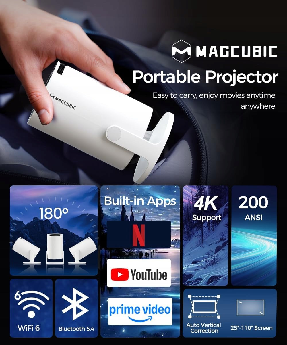 LCD Projector HY300 4K WiFi6 Bluetooth 5 200" Rotation 180 Degree Remote Control Manufacturer code 370n6