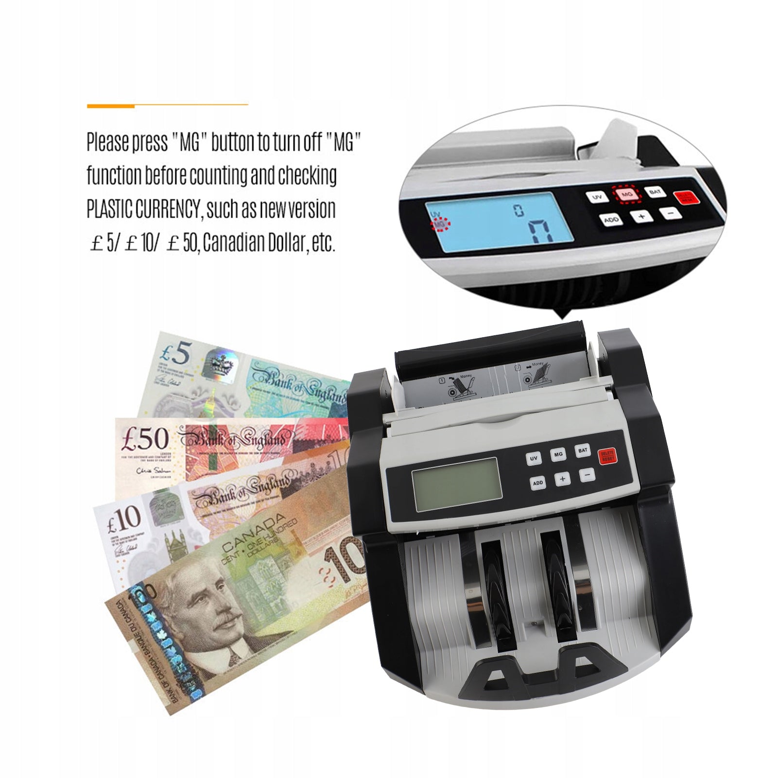LCD in foreign currency displays counterfeit money detector for dollar PB
