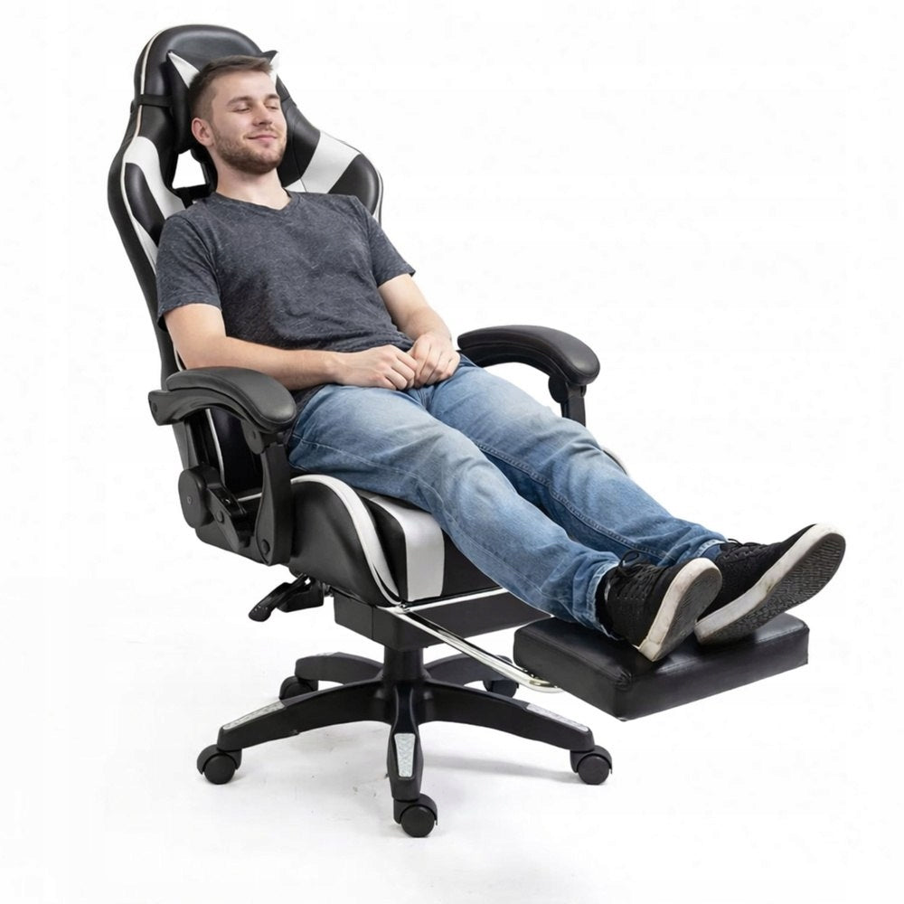 LEAN Gaming Chair Swivel Office Chair with Footrest Cushion Black and White Furniture width 63 cm