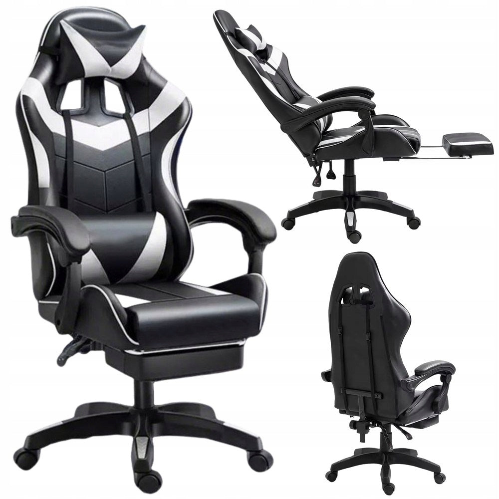 LEAN Gaming Chair Swivel Office Chair with Footrest Cushion Black and White