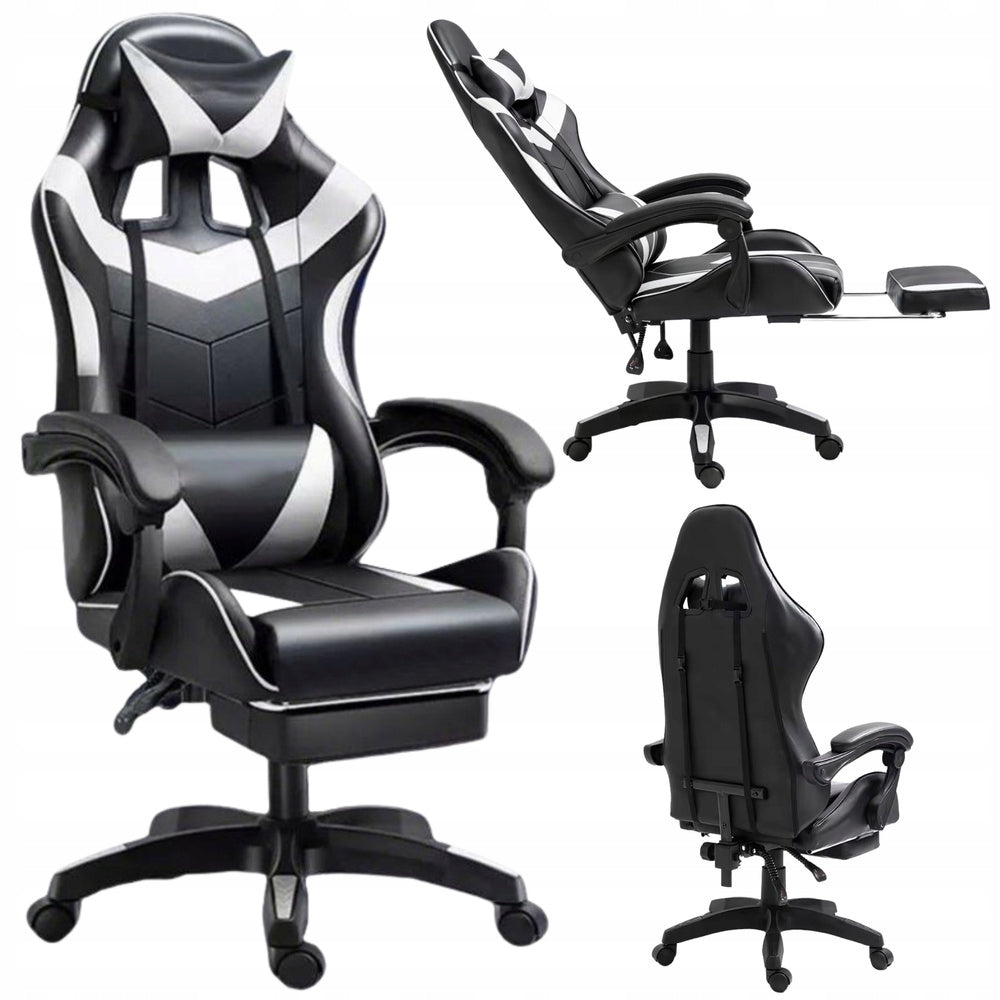 LEAN Gaming Chair Swivel Office Chair with Footrest Cushion Black and White