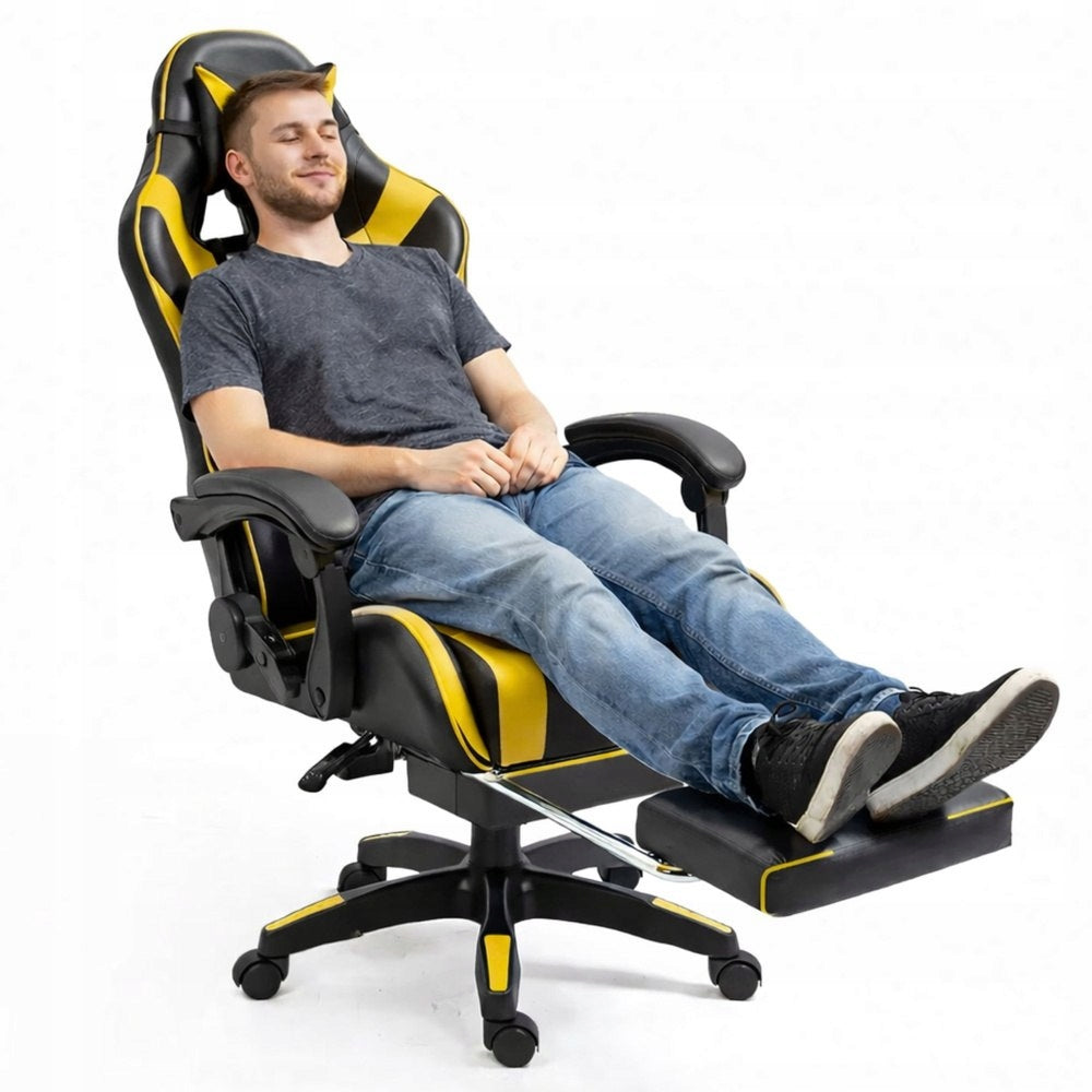 LEAN Gaming Chair Swivel Office With Footrest Cushion Black and Yellow Furniture width 63 cm