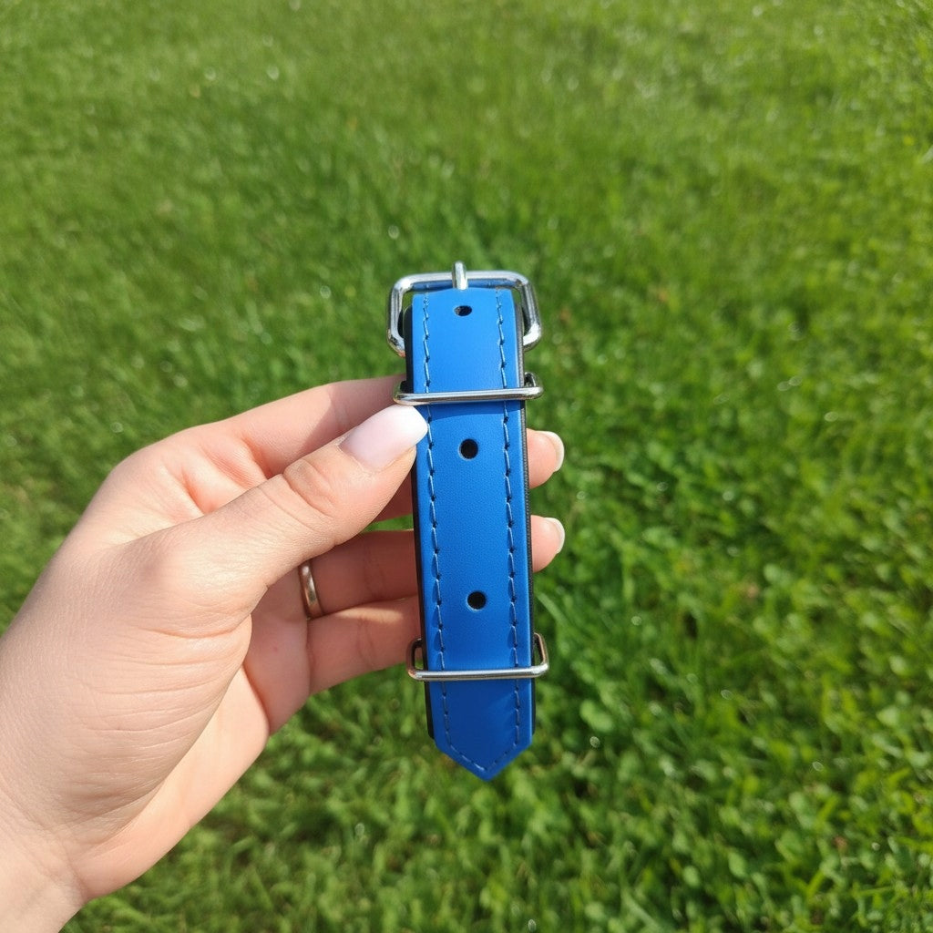 LEATHER COLLAR 100% WITH DOG ENGRAVING ENGRAVED SIZE L BLUE Manufacturer code NIEBIESKA skóra M 3 cm