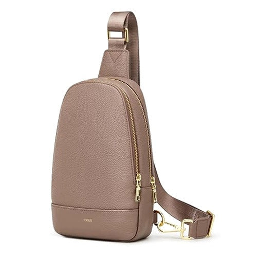 LEATHER CROSSBODY BAG FOR WOMEN MULTI-CHAMBER KHAKI MEDIUM for home