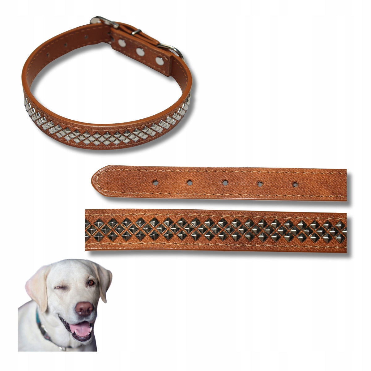LEATHER DOG COLLAR WITH STUDS 45 CM ELEGANT ADJUSTABLE 4 COLORS