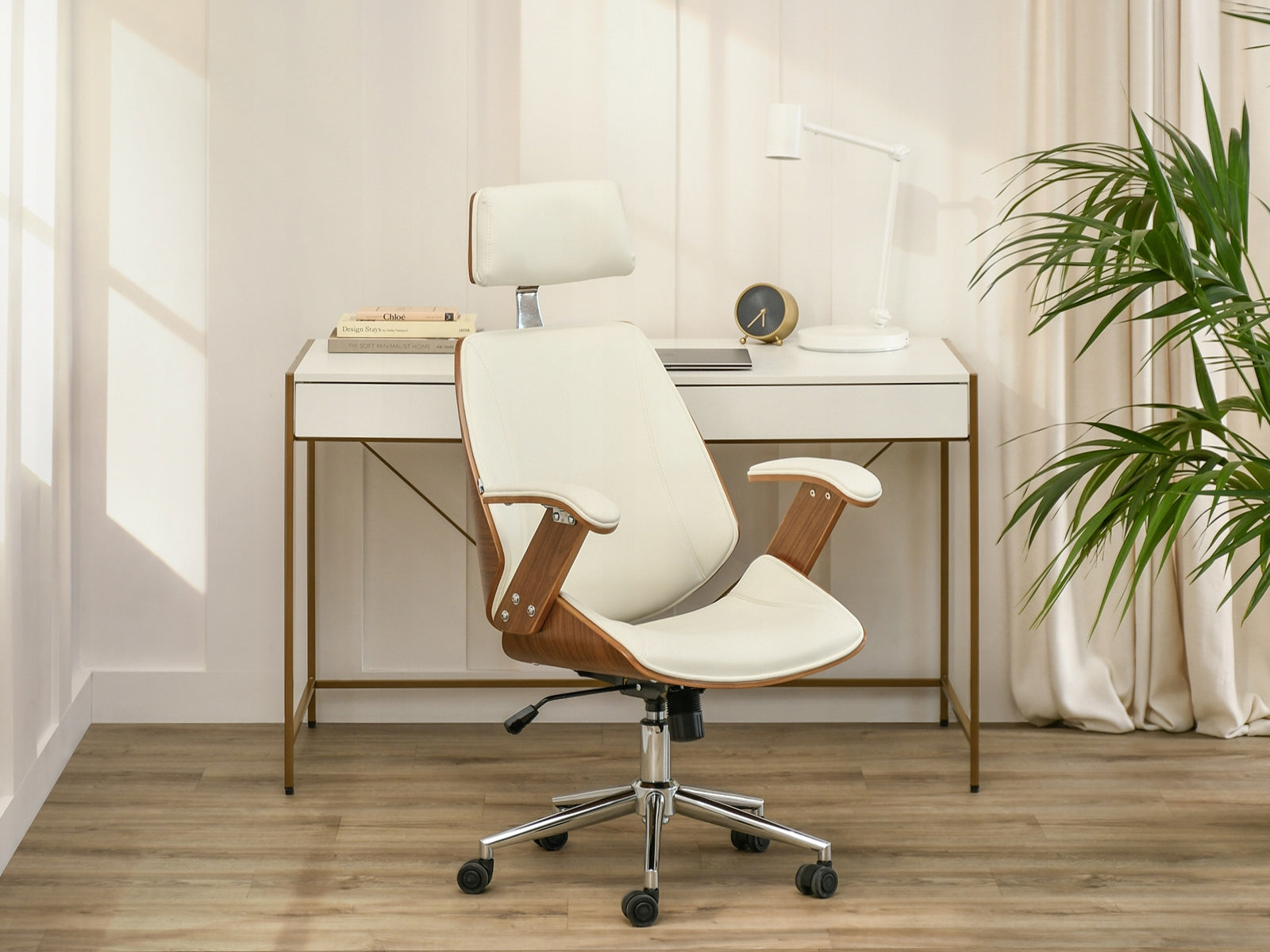 LEATHER OFFICE CHAIR MADE OF BENT WOOD WALNUT FRANK CREAM BASE CHROME Brand Mebel-Partner