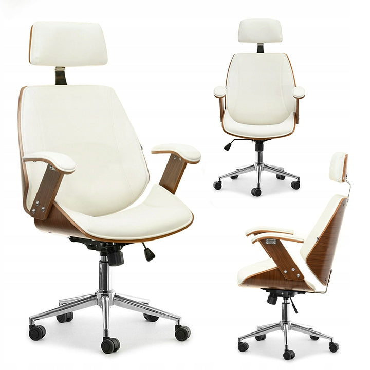 LEATHER OFFICE CHAIR MADE OF BENT WOOD WALNUT FRANK CREAM BASE CHROME