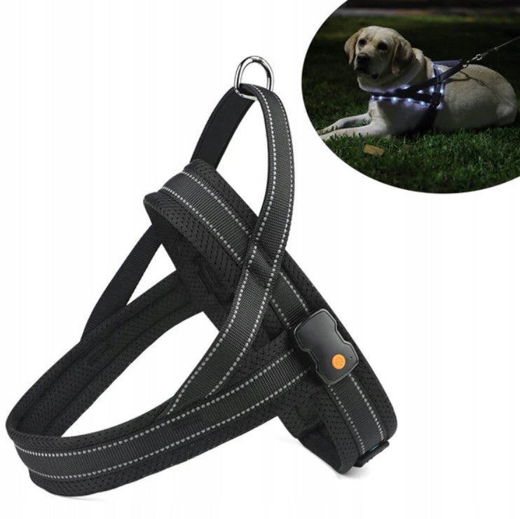 LED Backlit Dog Harness with Reflective Handle Size S Black