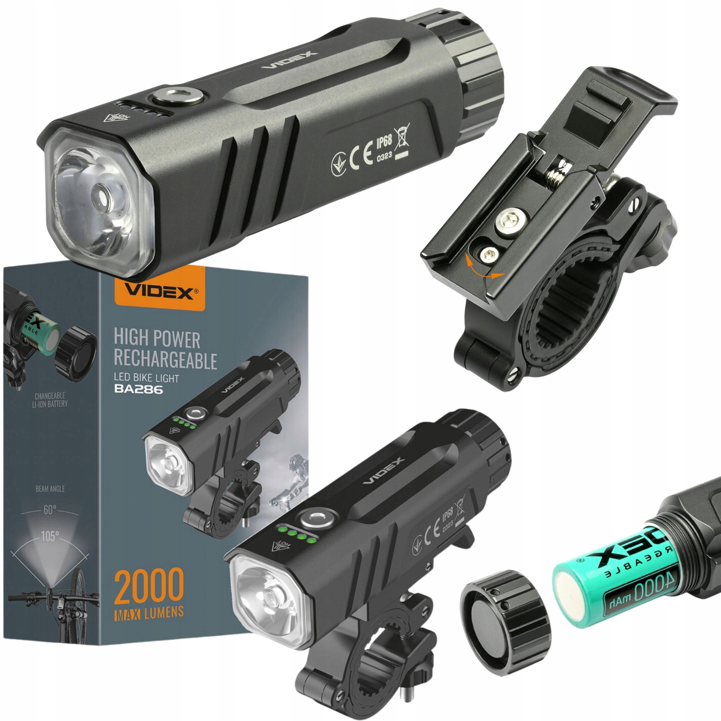 LED Bicycle Flashlight Waterproof Strong USBC with Handle Videx 2000lm