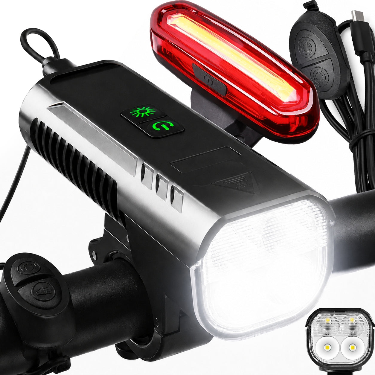 LED Bike Light 1000lm With Horn 100 dB, USB-C Powerbank + Rear