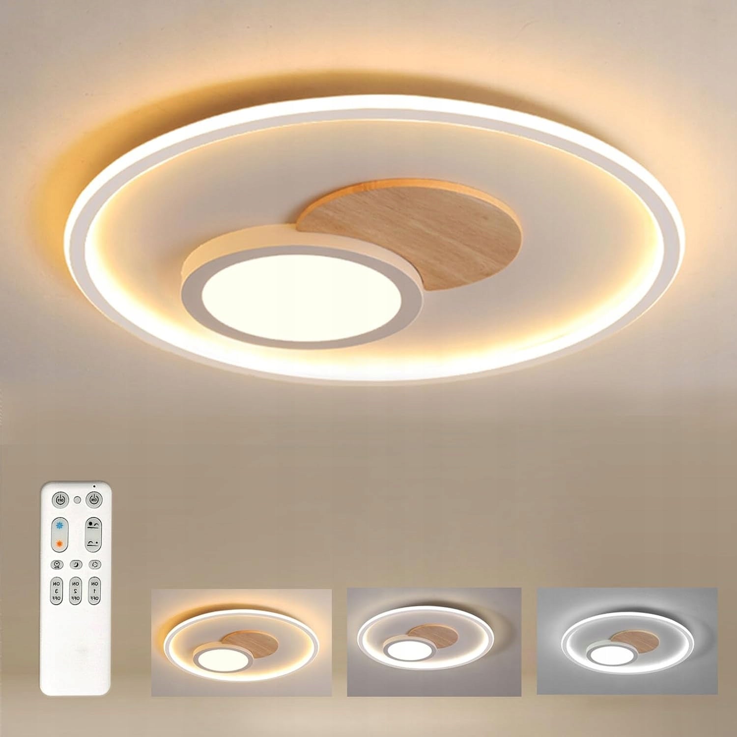 LED CEILING LIGHT DIMMABLE WITH REMOTE CONTROL WOODEN ROUND MODERN