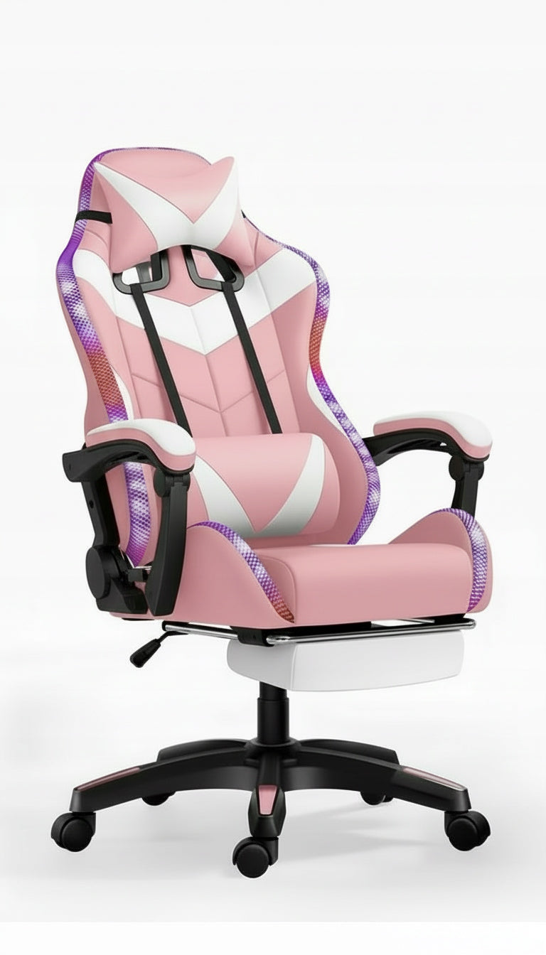 LED Chair PINK with Computer MASSAGE GAMING PLAYER ROTATING + FOOTREST! Furniture depth 49 cm